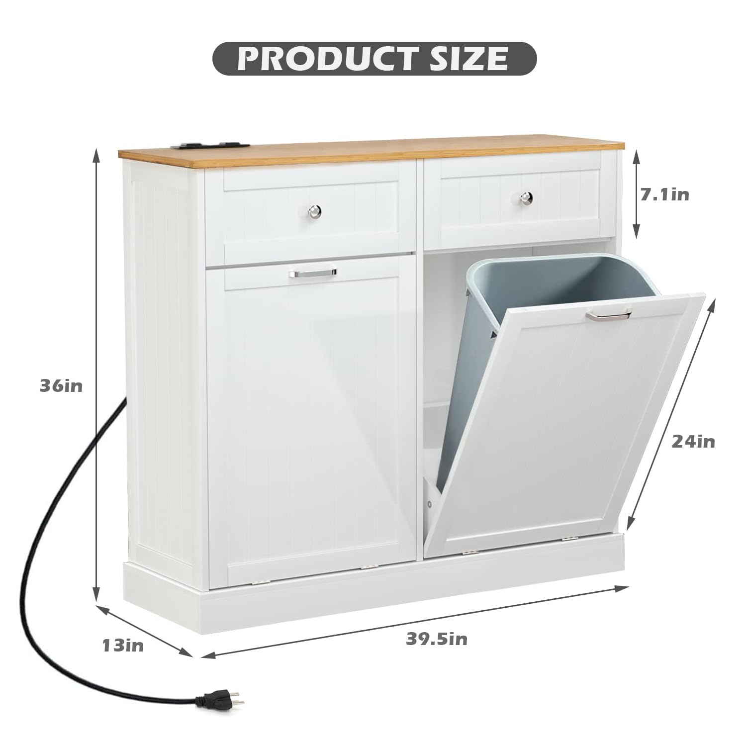 Gazhome Double Tilt Out Trash Cabinet With Charging Station, Upgrade Wooden Free Standing Trash Cabinet With Outlet,Recycling Ca