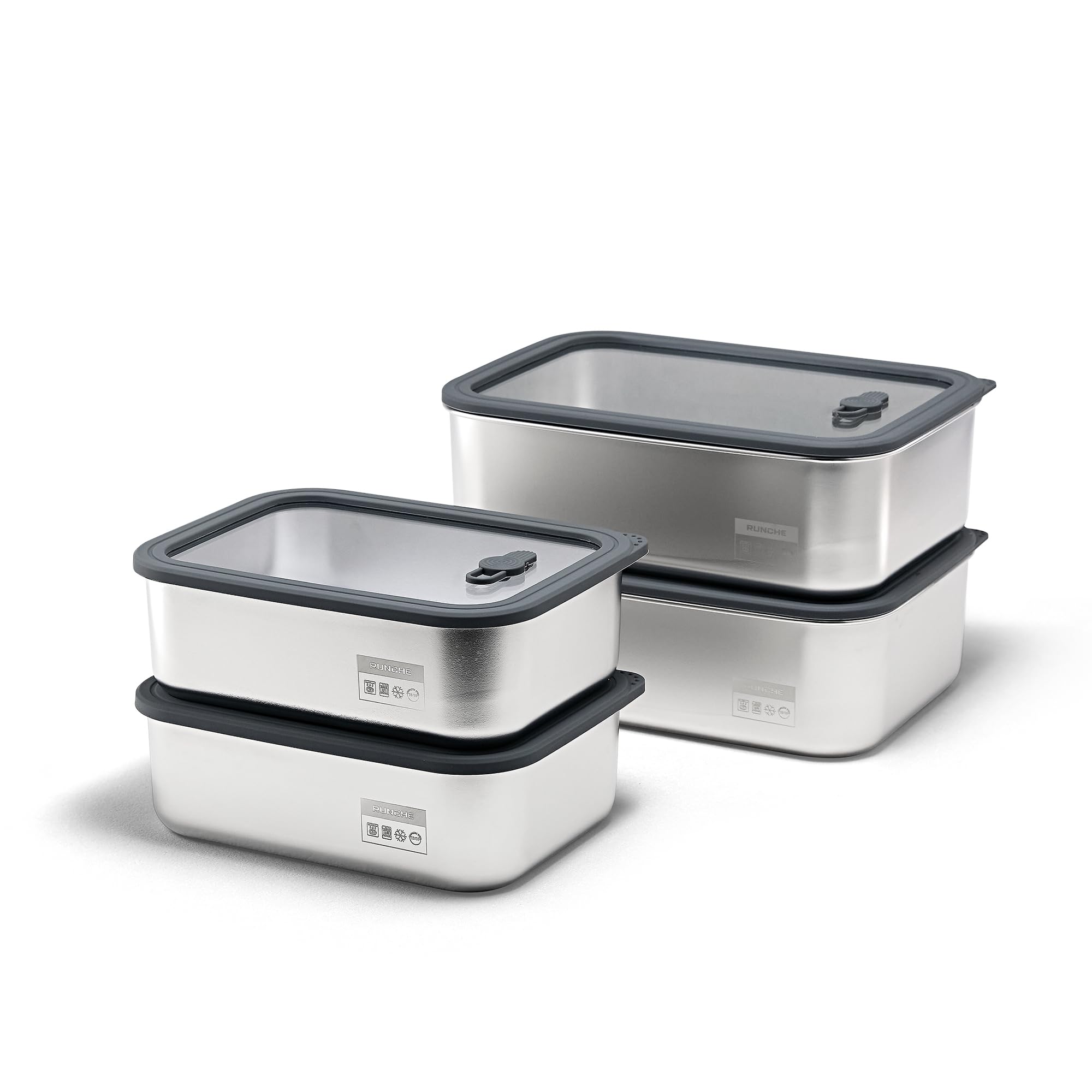 Runche Stainless Steel Food Containers with Glass Lids, 2Piece Airtight Food Storage Set, Rectangular, Stackable, Microwave and