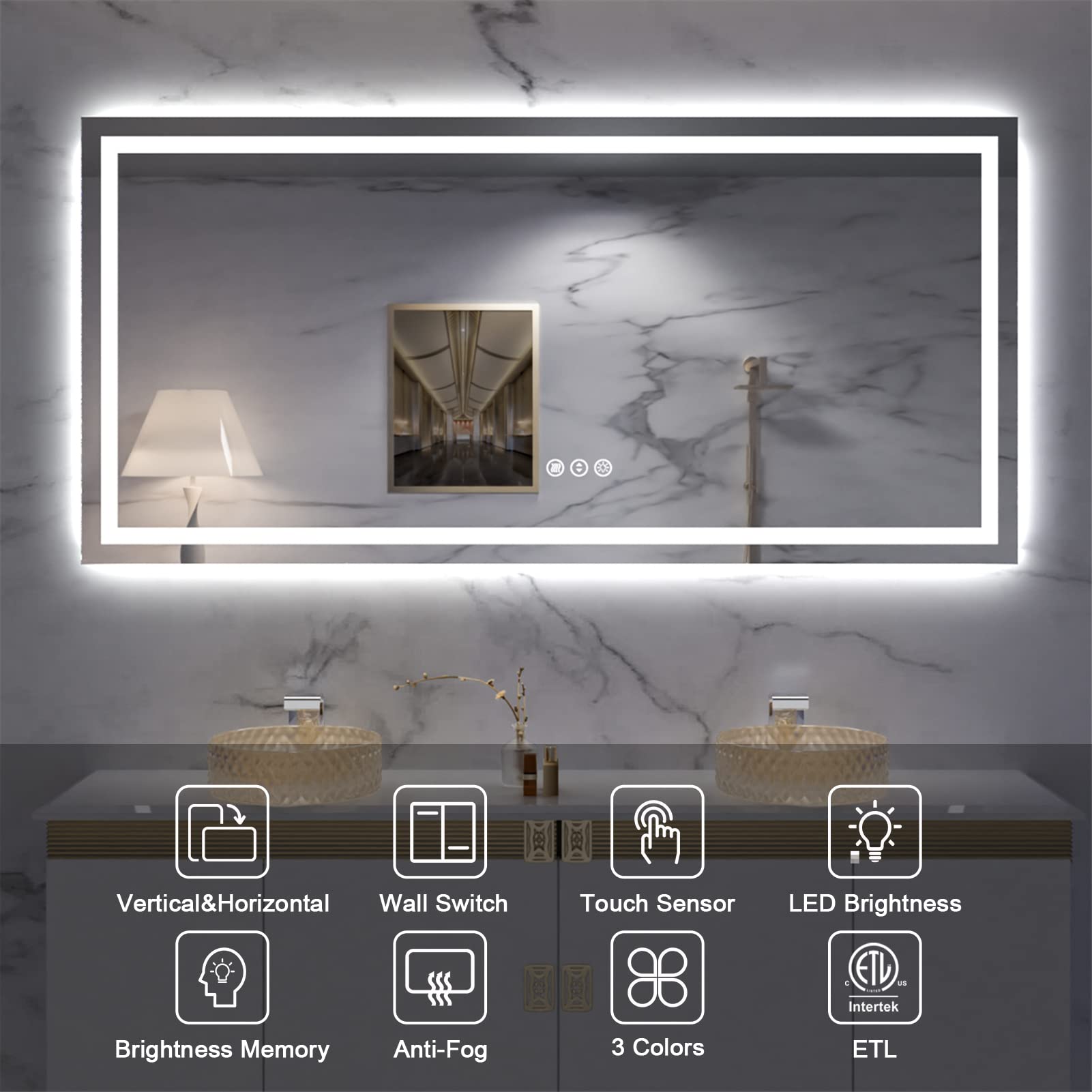 Amorho 60''x28'' LED Bathroom Mirror for Wall  Backlit + Front-Lighted Vanity Mirror  Dimmable Makeup Mirrors  Anti-Fog  Memory  3 Colors  Shatterproof  ETL Listed