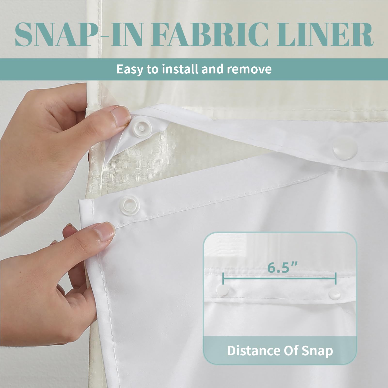 Eachope Cream No Hook Waffle Weave Shower Curtain With Snap-In Liner Replacement, 230Gsm Waterproof Fabric Hotel Shower Curtain