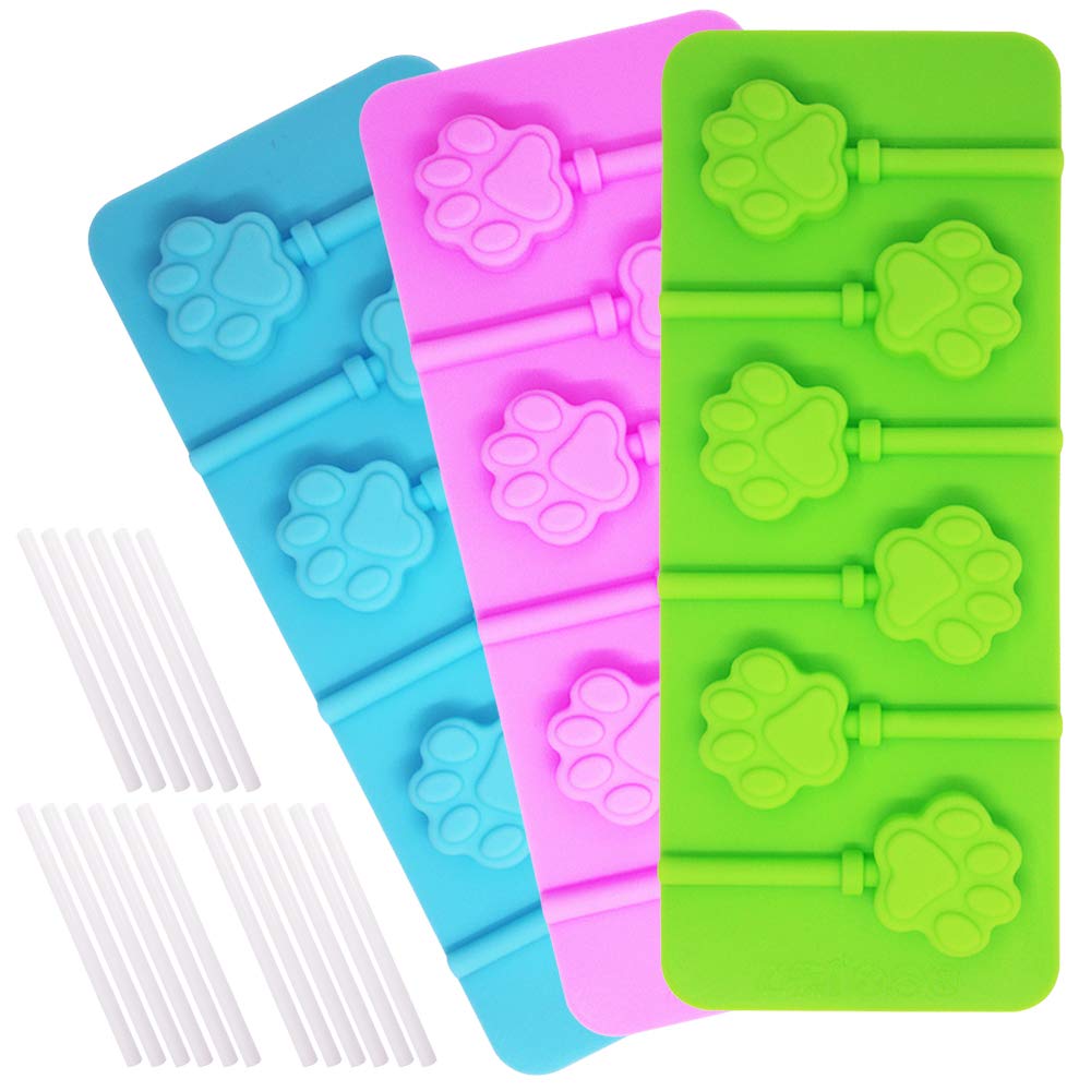 3 Pcs 6-Cavity Paw Lollipop Molds,Sonku Silicone Paw Mold Chocolate Hard Candy Jelly Fondant Mold With 18 Pcs Sucker Sticks-Pink