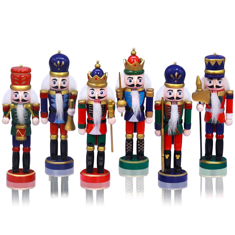 Jolik 6 PCS Christmas Nutcracker Ornament Set Wooden Nutcracker Ornaments Decoration for Xmas Tree, Table Decor(5.3, Set of 6p