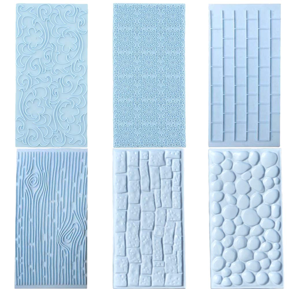 6 Pcs Fondant Impression Texture Mat Mold Set, Light Blue Fondant Embossed Tree Bark/Brick Wall/Flower/Cobblestone/Stone Wall Te