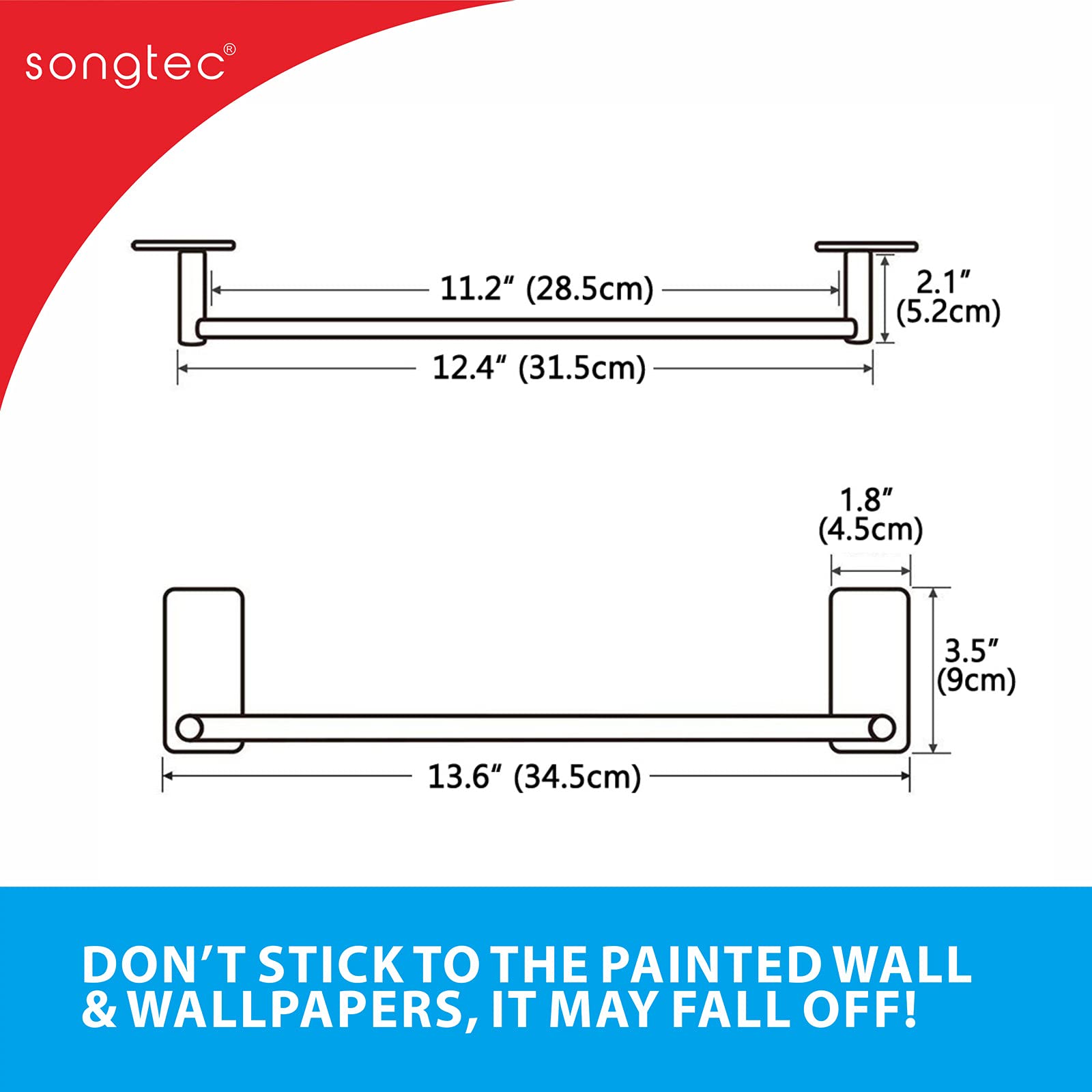 Songtec Stick Towel Bar Black 12-Inch, Adhesive Bath Towel Rack No Drill, Strong Adhesion Tape Mount Towel Holder, Stainless Ste