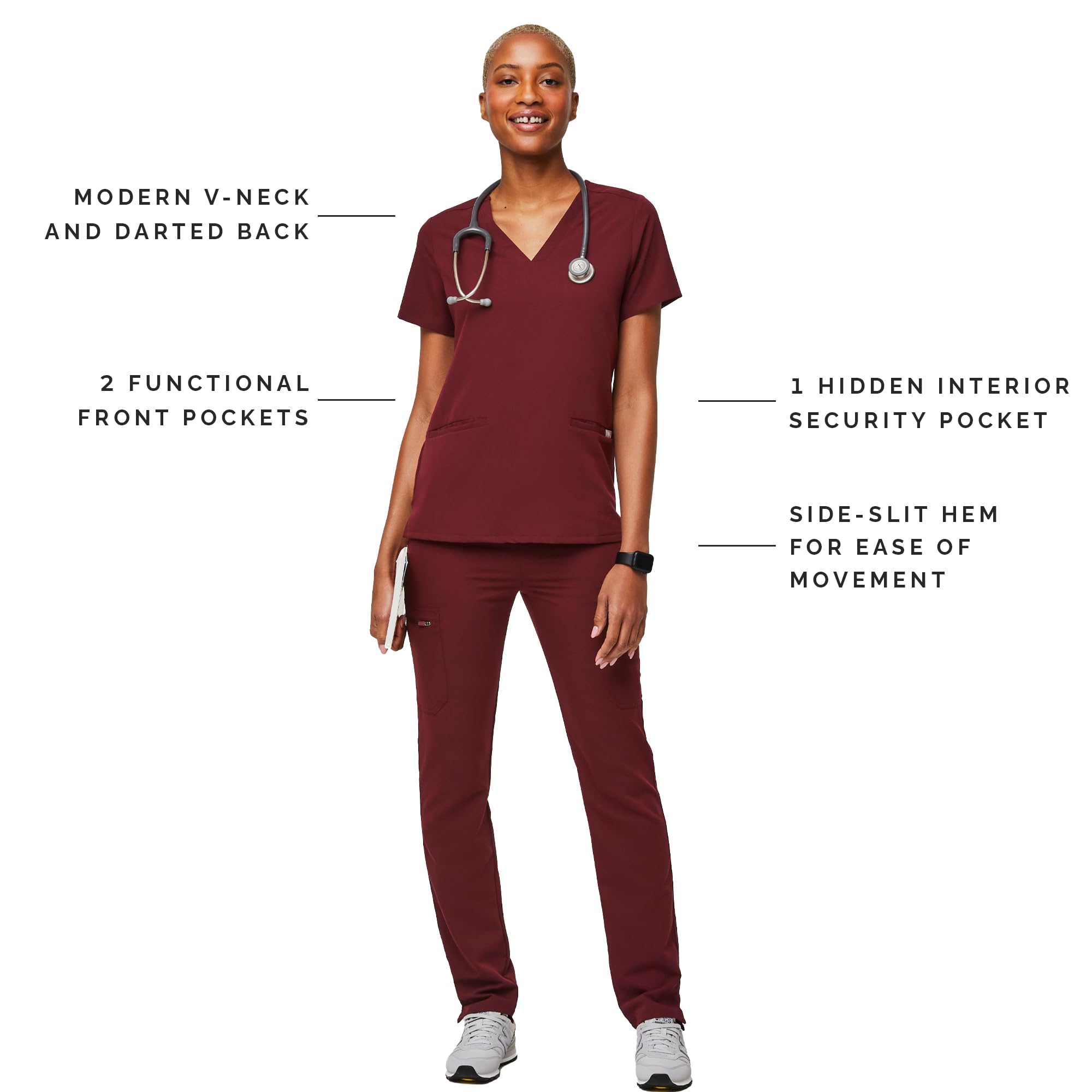 Figs Casma Three-Pocket Scrub Top For Women - Burgundy, Xxs