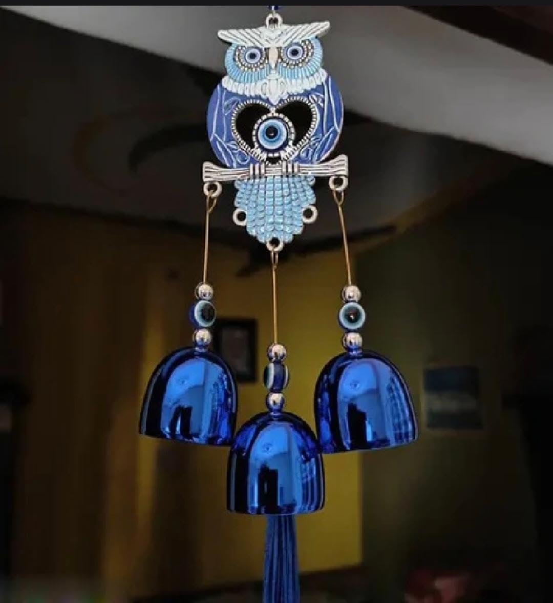 Evil Eye Owl Wind Chime with 3 Blue Bells and Tassel