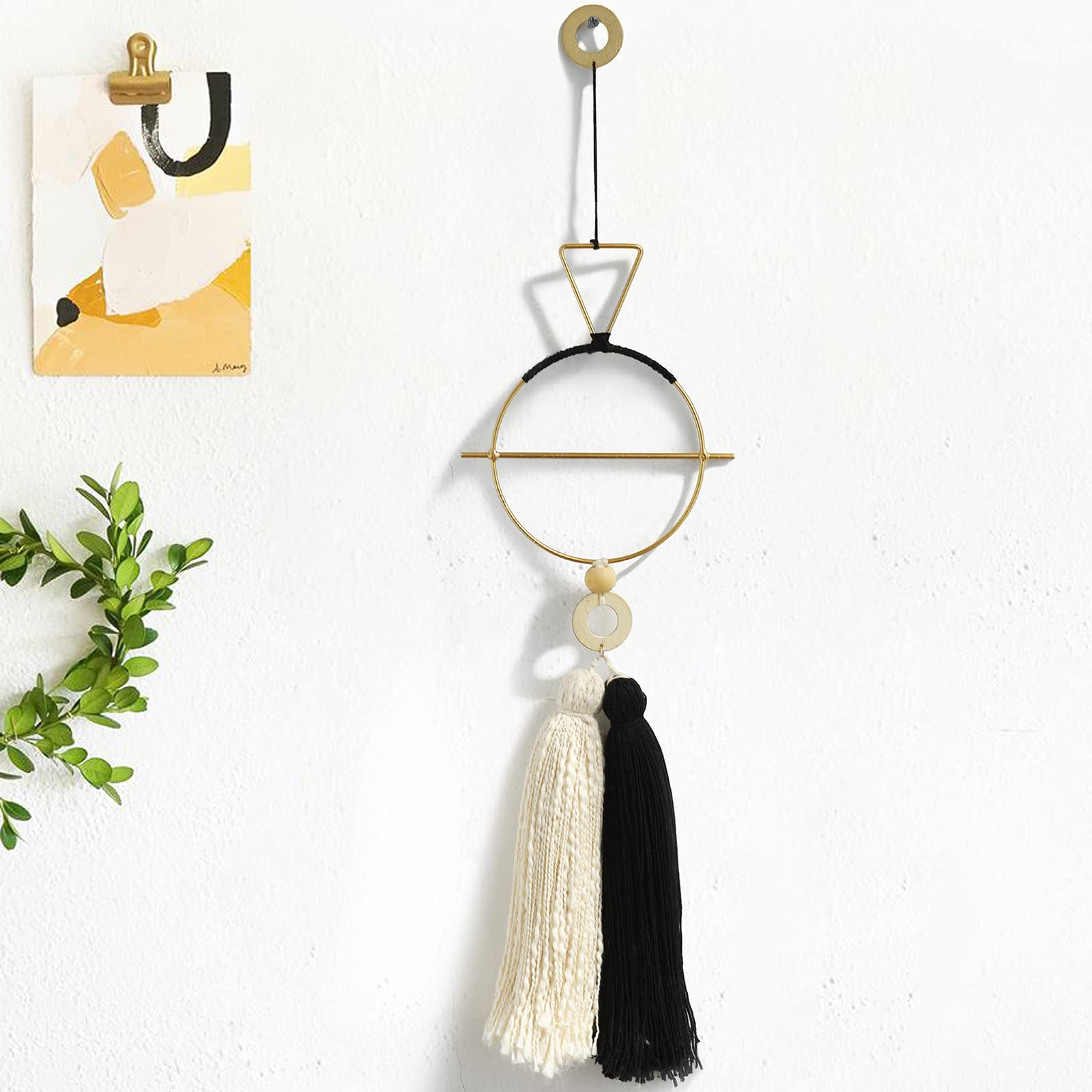 IOWER Boho Wall Decor Gold And Black Macrame Wall Decor Brass Wall Art Cute Home hanging Wall Decor For Living Room 15.7 H