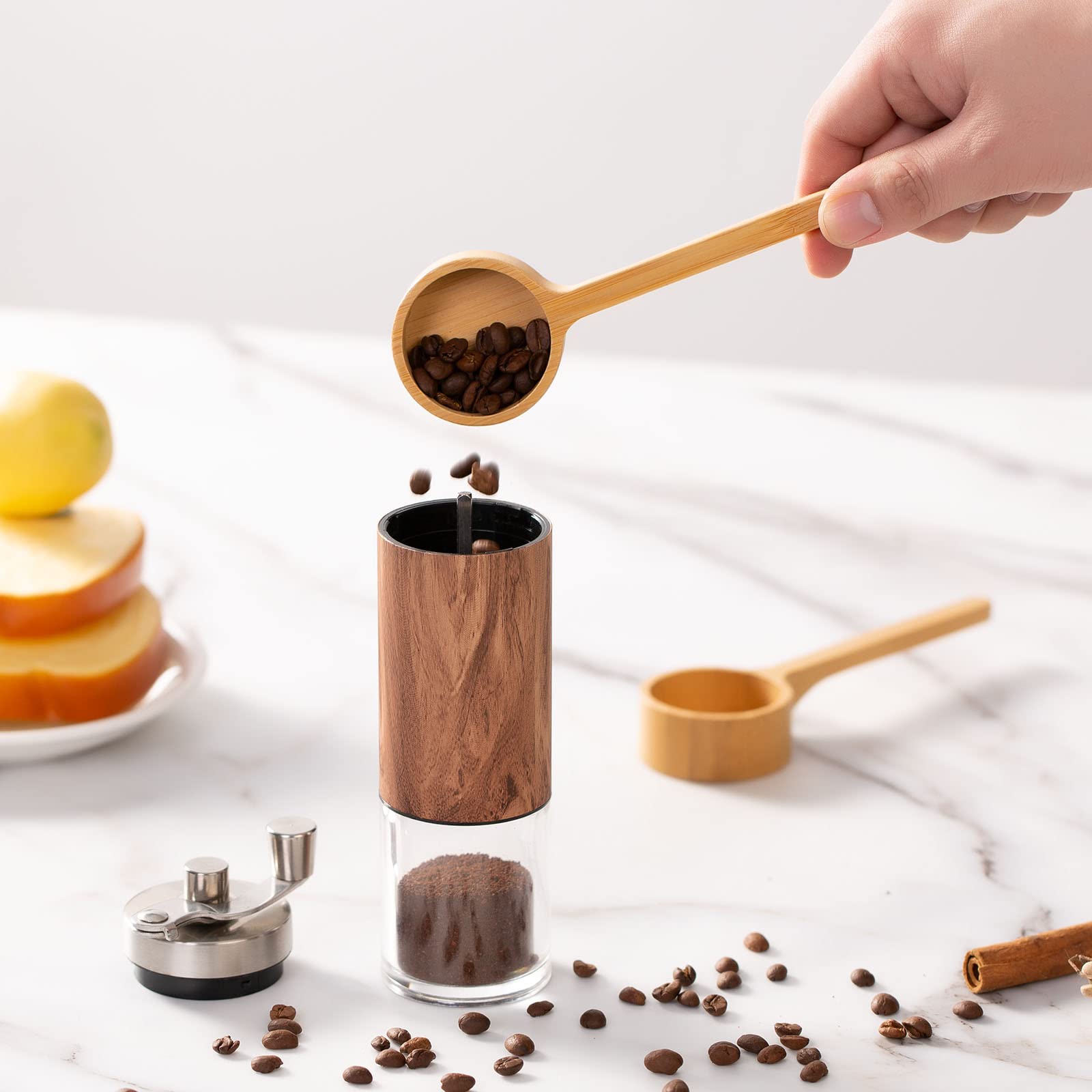 FLYPOKER Wooden Coffee Scoop - Small Long Handle Measuring Scoop for Jars, Brown, Set of 4, Model A006