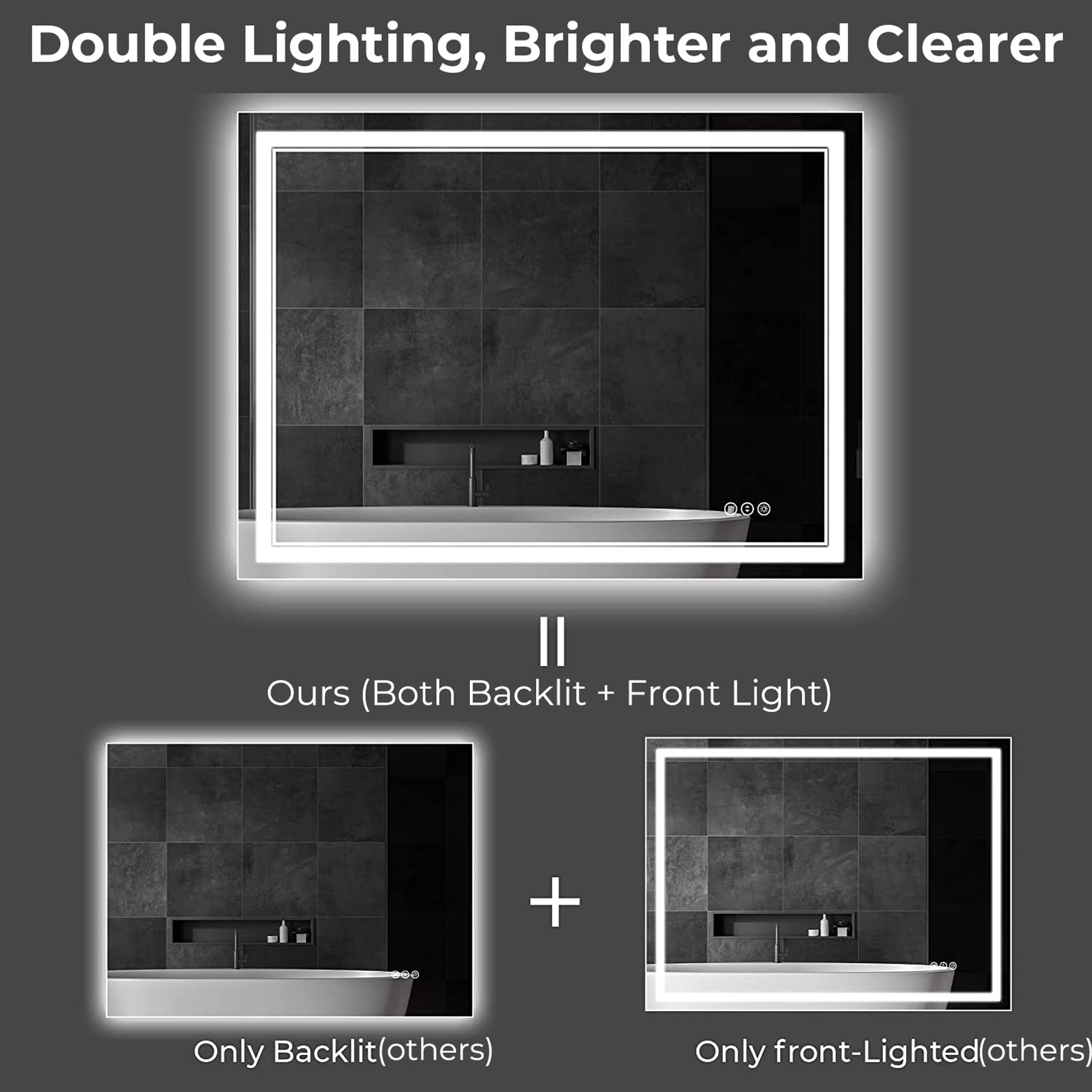 AWANDEE 48x36 LED Bathroom Mirror with Front and Backlit  Large Dimmable Bathroom Mirror with 3 Color Lights  Wall Mounted Lighted Vanity Mirror with Anti-Fog  Memory French Cleats Horizontal/Vertical