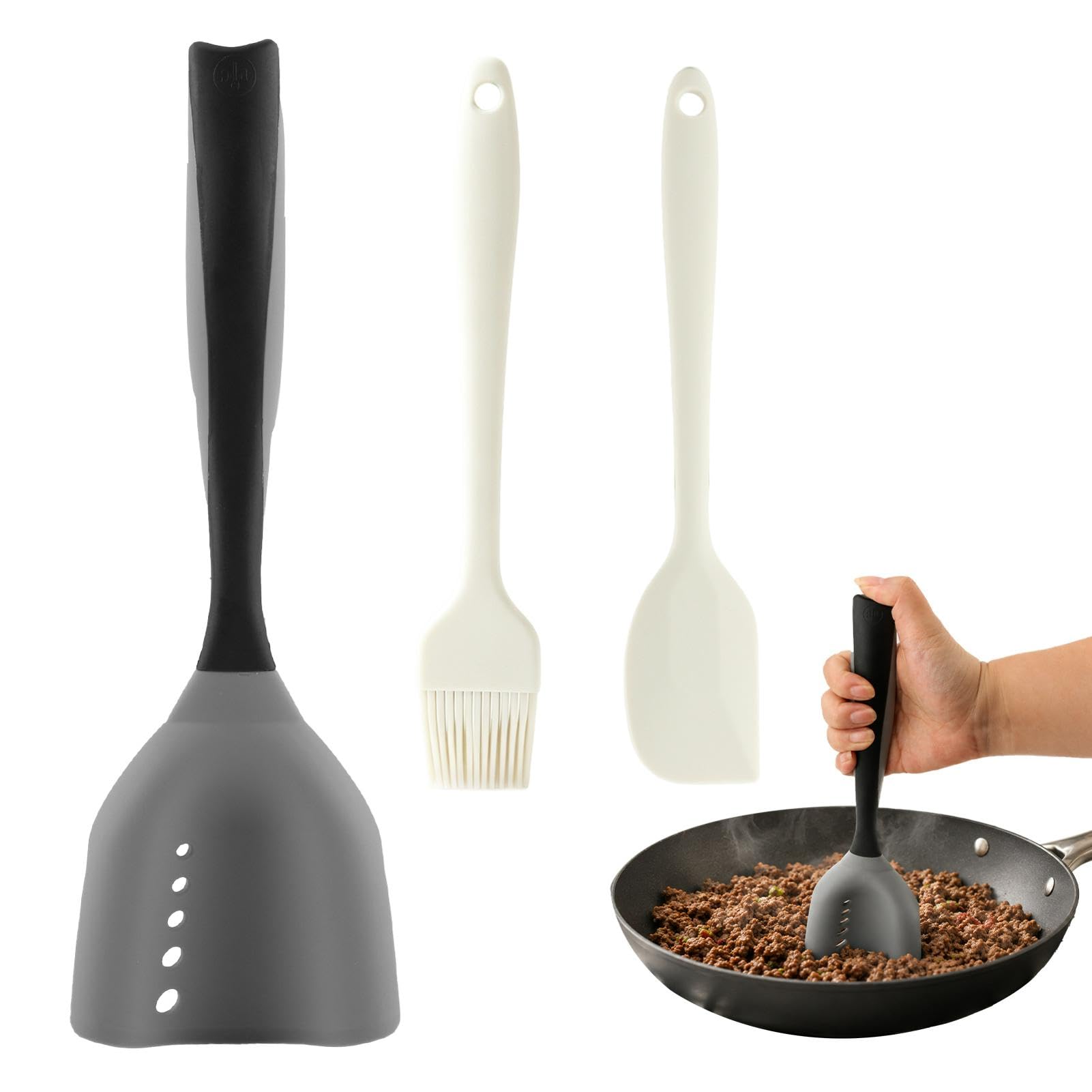 Mincing Spatula Meat Chopper, Silicone Ground Beef Masher with Drain Holes, Heat Resistant Ground Meat Masher with Scraper Spatu