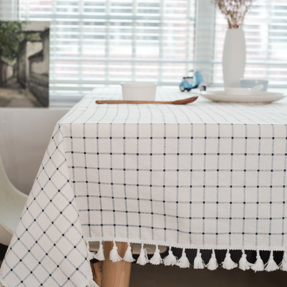 Meioro Tablecloths Cotton Tablecloth For Rectangle Tables, Checkered Tassel Table Cloth Dust-Proof Rectangular Table Cover For K