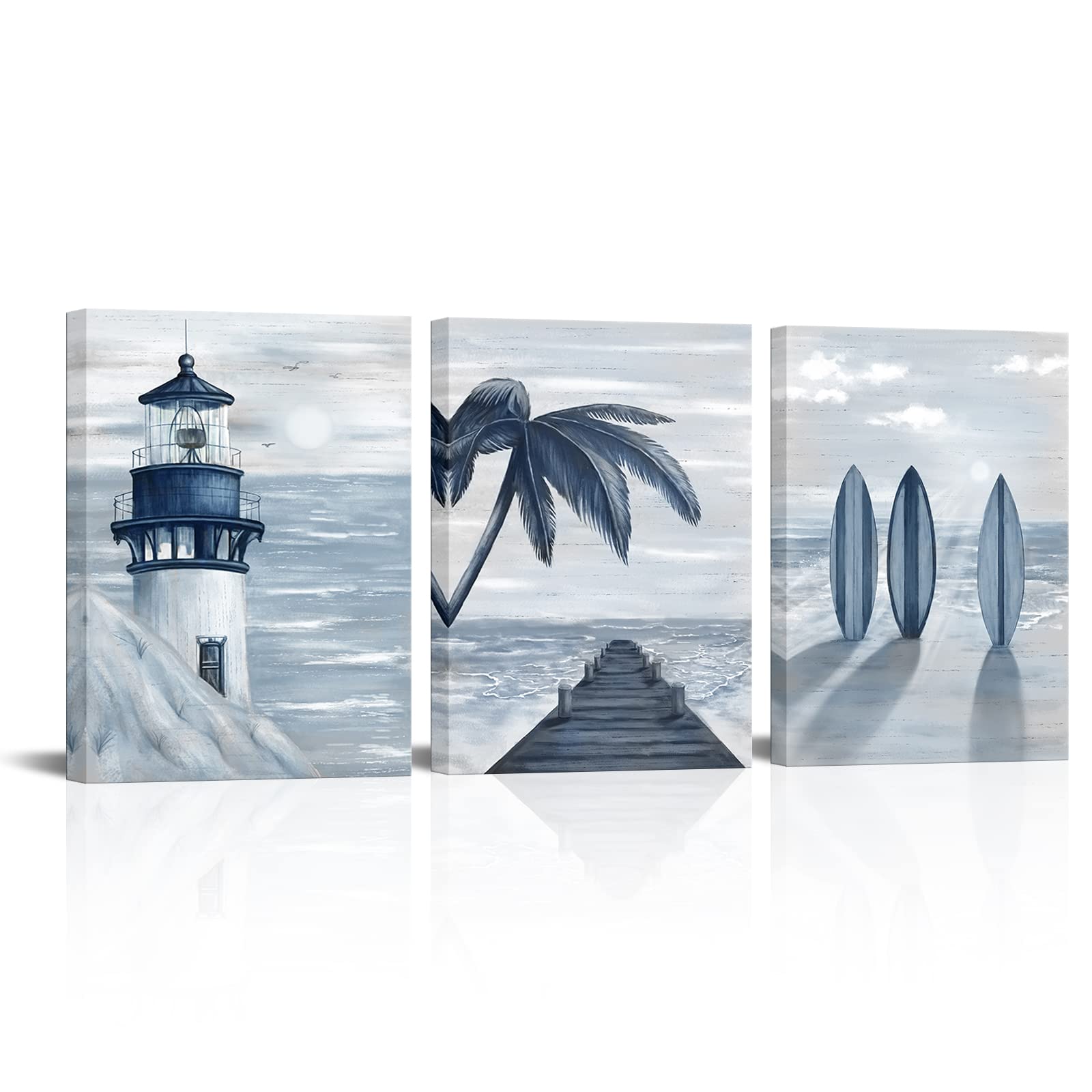Homeoart Blue Beach Wall Art Prints Ocean Pier Coastal Dock Seascape Lighthouse Painting Nautical Theme Framed Stretched Artwork