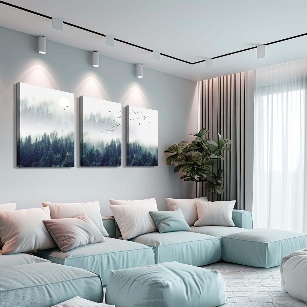 3 Piece Canvas Wall Art For Living Room- Wall Decorations For Bedroom Foggy Forest Trees Landscape Painting- Modern Home Decor Stretched And Framed Ready To Hang Pictures- 20''X28''X3 Panels Wall Decor
