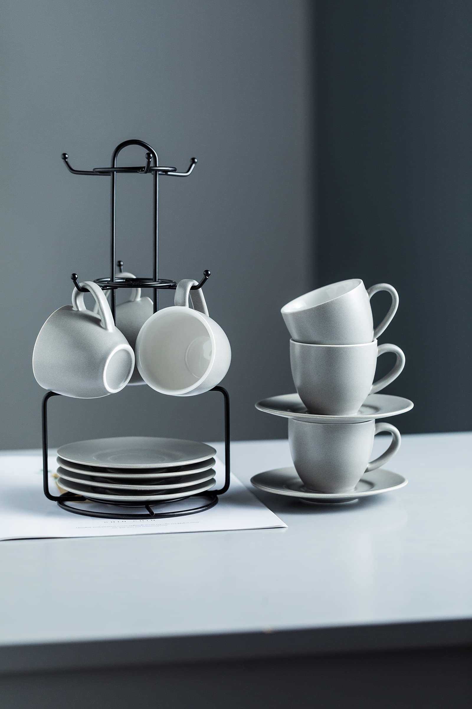 Yhosseun Porcelain Espresso Cups Set And Metal Stand 3 Oz Demitasse Cup For Coffee Shot, Mugs For Latte, Cafe Mocha, Cappuccino,