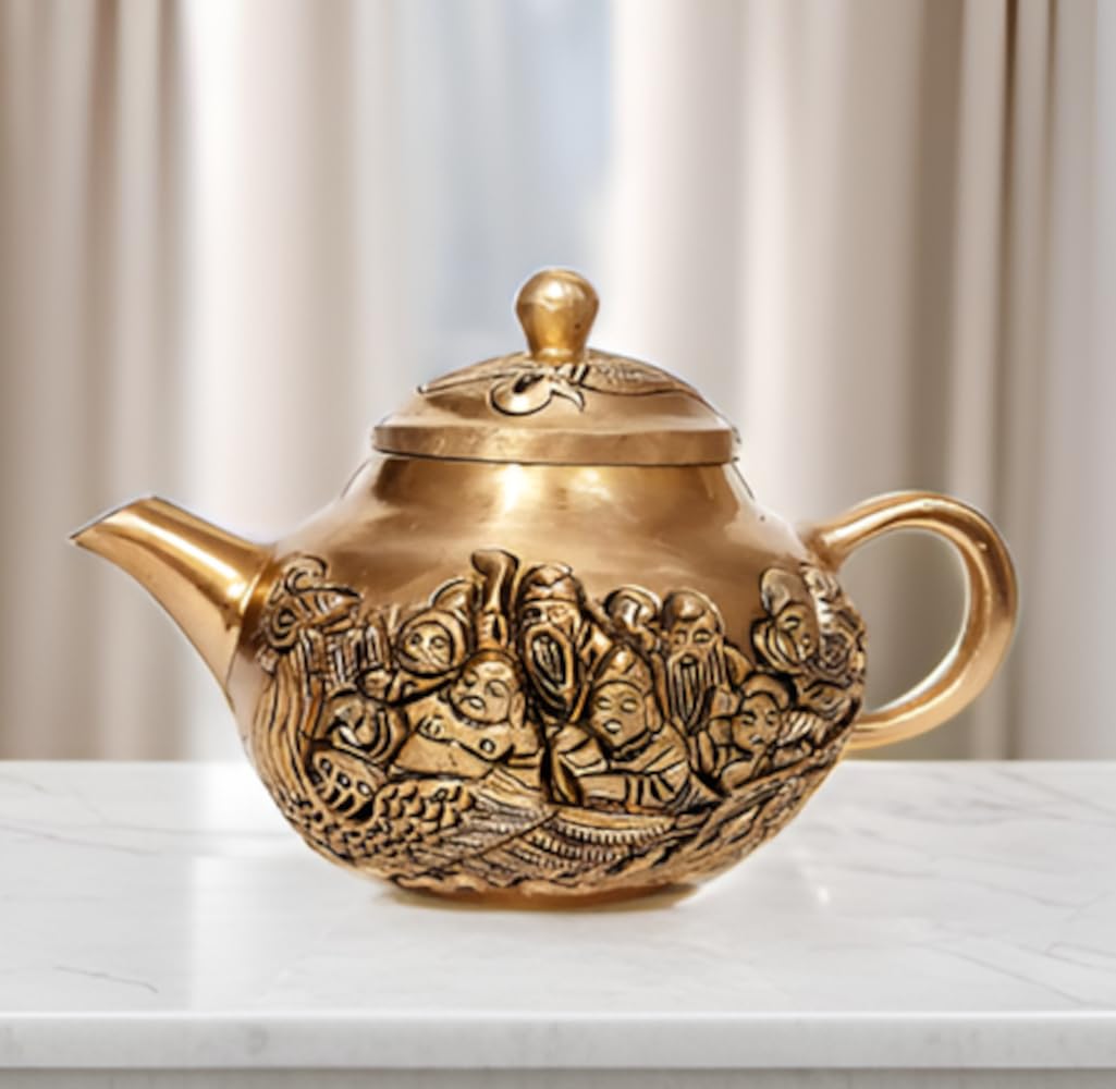 Purpledip Brass Decorative Kettle Teapot: Travelling Monks In Chinese Boat (12261)