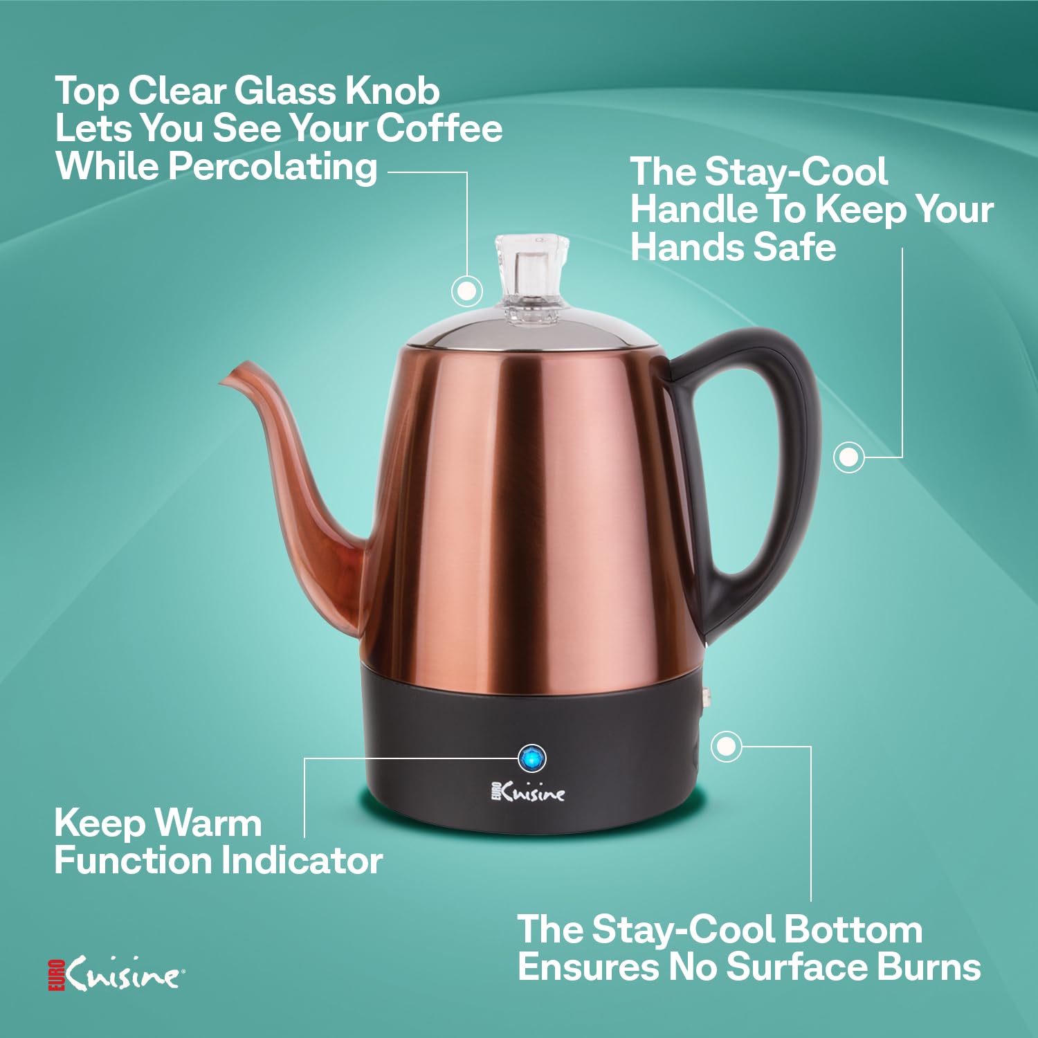 Euro Cuisine PER04 Electric Coffee Percolator, 4 Cup, Stainless Steel, Copper Finish, Dripless Gooseneck Spout, Keep-Warm Function