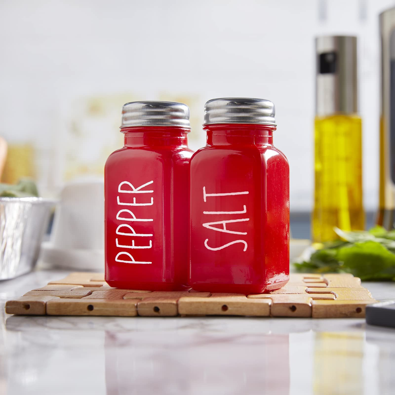 Red Salt And Pepper Shakers Set - Red Farmhouse Kitchen Decor And Accessories - Cute Glass Salt Shaker For Kitchen And Table