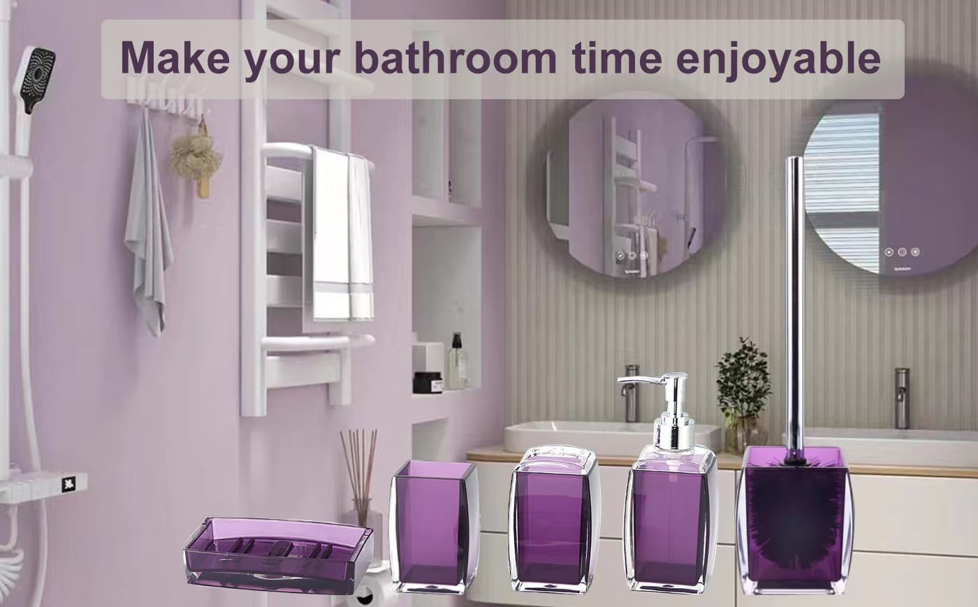 Tuanyo 5 Pcs Purple Acrylic Bathroom Accessories Set Complete,Lotion/Soap Dispenser,Soap Dish,Toothbrush Holder, Tumbler,Toilet