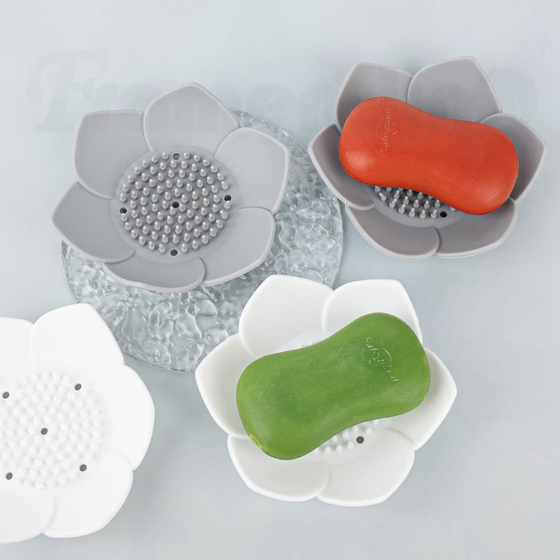 Framendino, 4 Pack Silicone Soap Dishes, Flexible Non-Slip Floral Shaped Design Self-Draining Sponge Bar Soap Holder Flower Shap