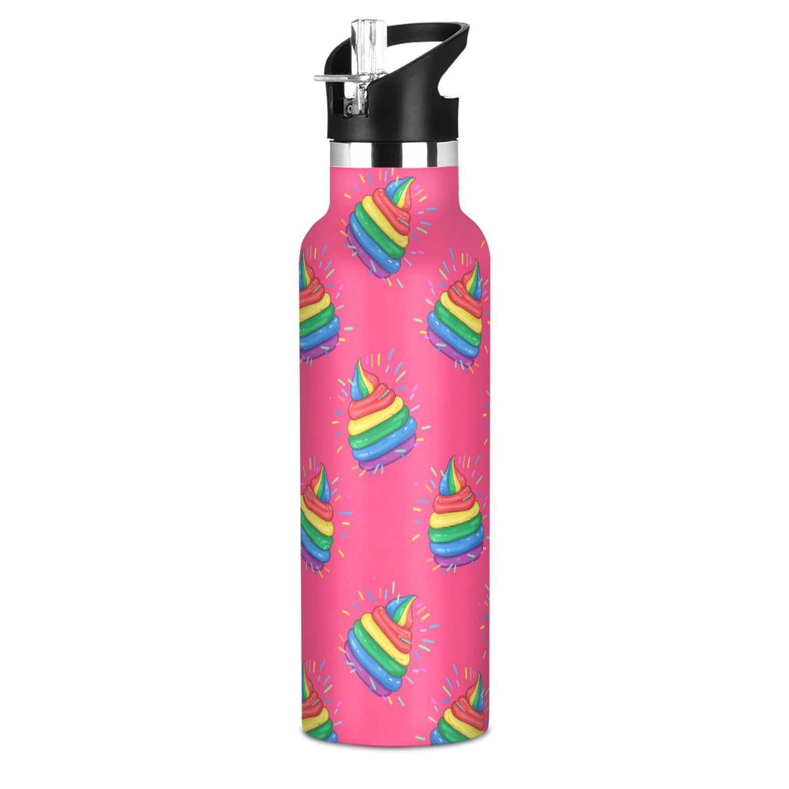 VIGTRO Rainbow Poop Pink Background Kids Water Bottle Vacuum Insulated Stainless Steel Boys Girls Sports Bottle with Straw Lid &