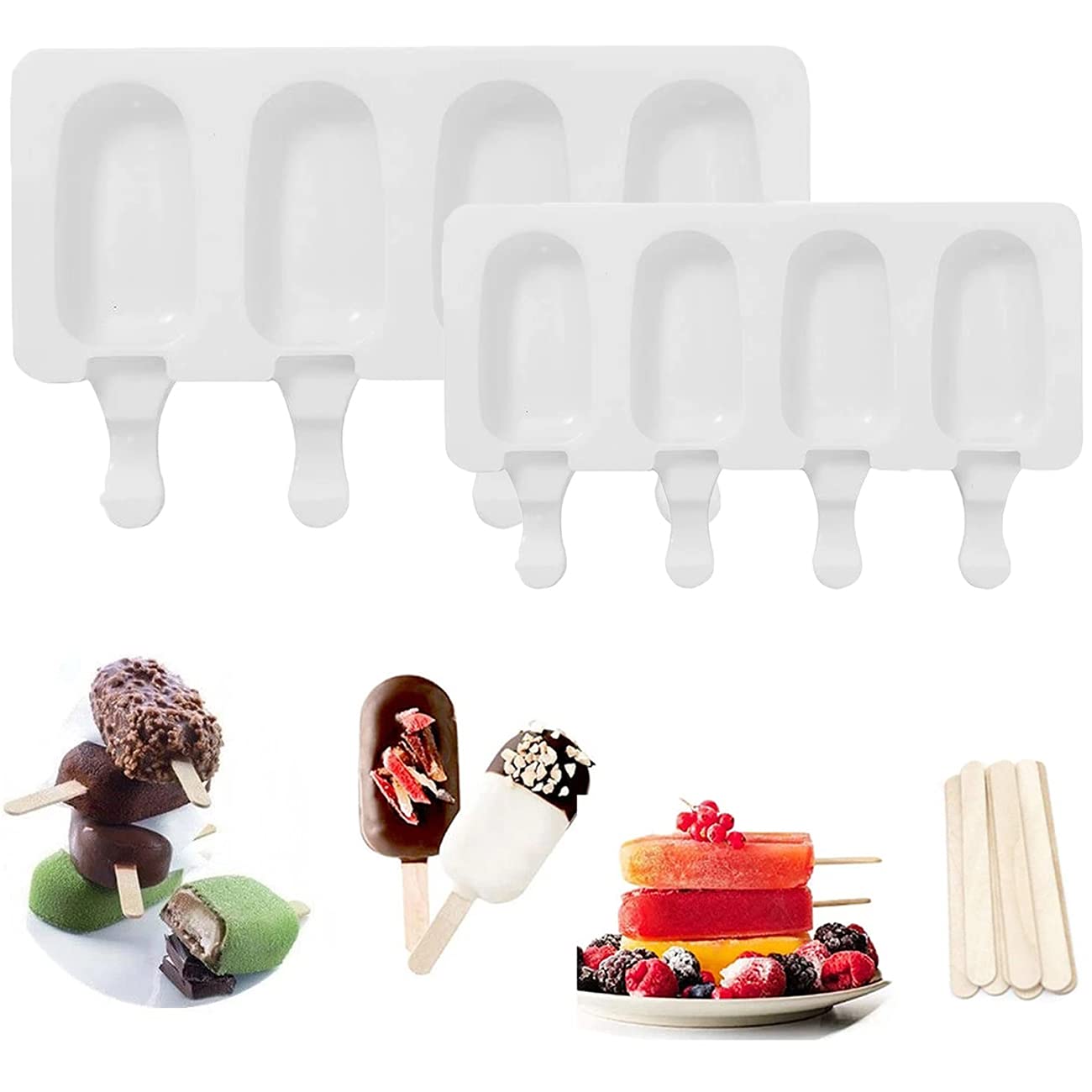 Mayata 2PCS 4XCell Silicone Ice Cream Mold Popsicle Molds DIY Homemade Dessert Freezer Fruit Juice Ice Pop Maker Mould with Stic