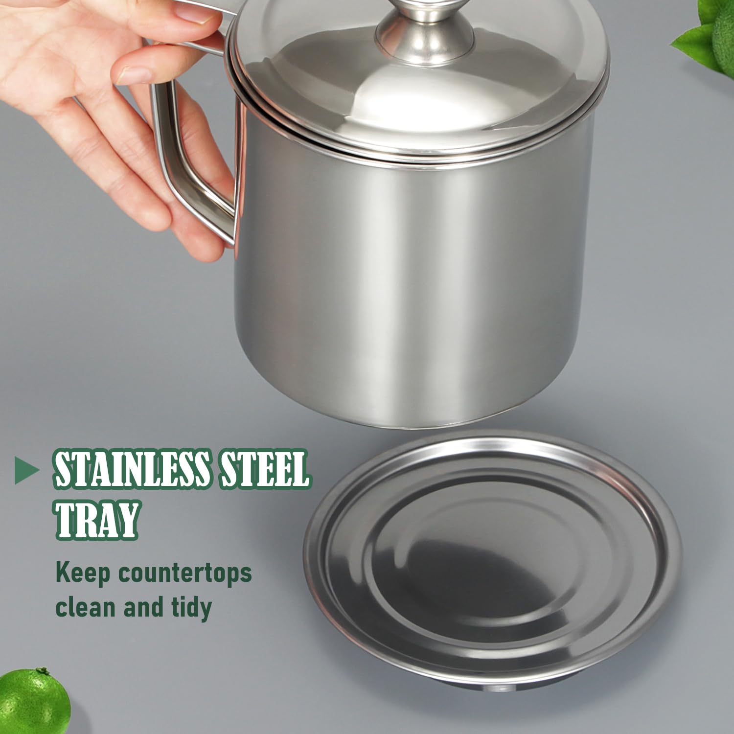 Tellshun Bacon Grease Container With Strainer 1.25 L / 42 Oz Strong Kitchen Catcher Food-Grade Stainless Steel Cooking Oil Keepe