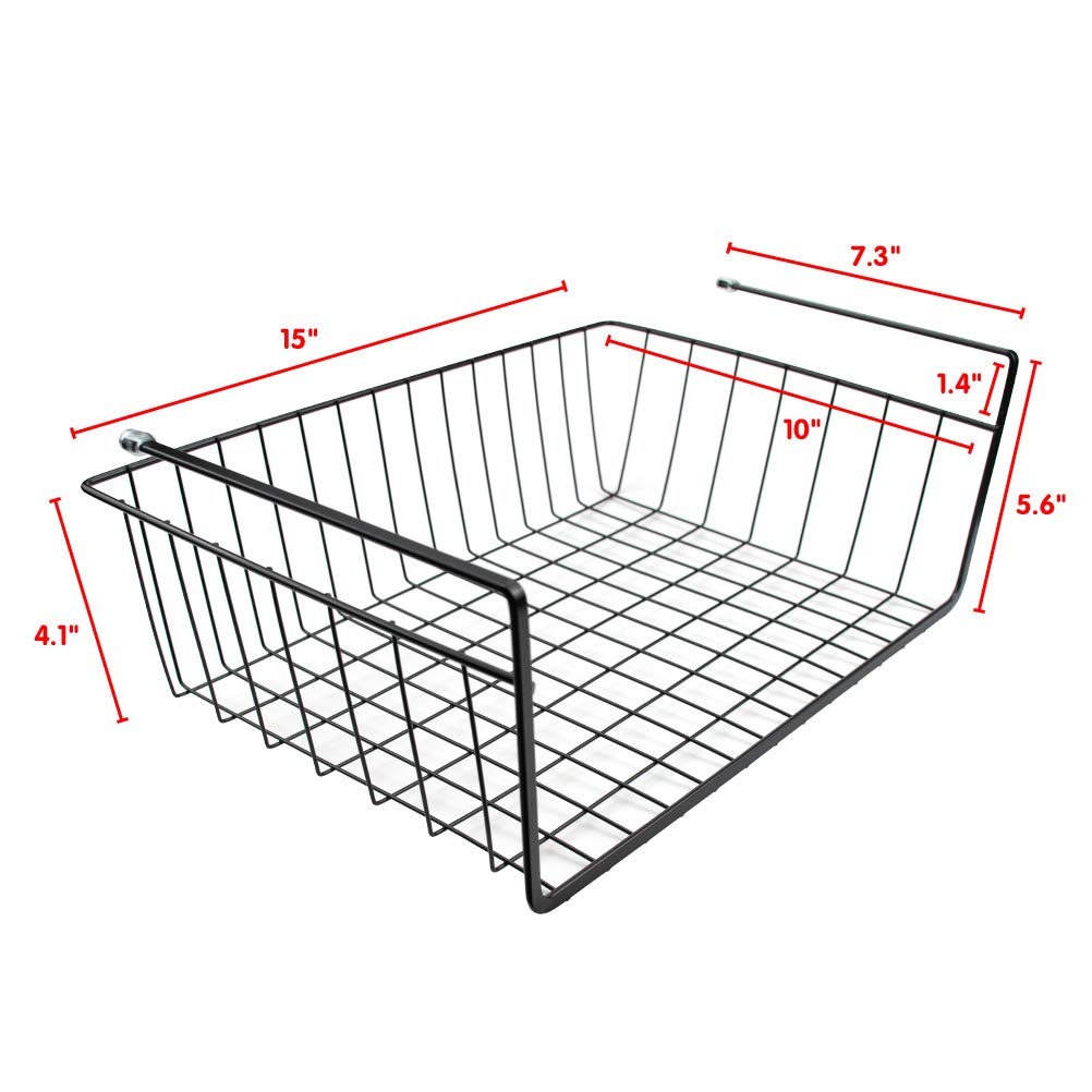 Tebery 2 Pack Black Under Shelf Wire Basket, Hanging Storage Baskets Under Cabinet Add-On Storage Racks, Slide-In Baskets Organi