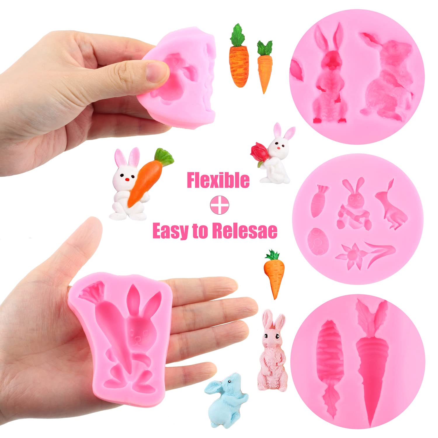 Zixiang Easter Fondant Molds Rabbit Silicone Molds Carrot Chocolate Mold Bunny Flower Candy Mold For Cake Decorating Cupcake Top
