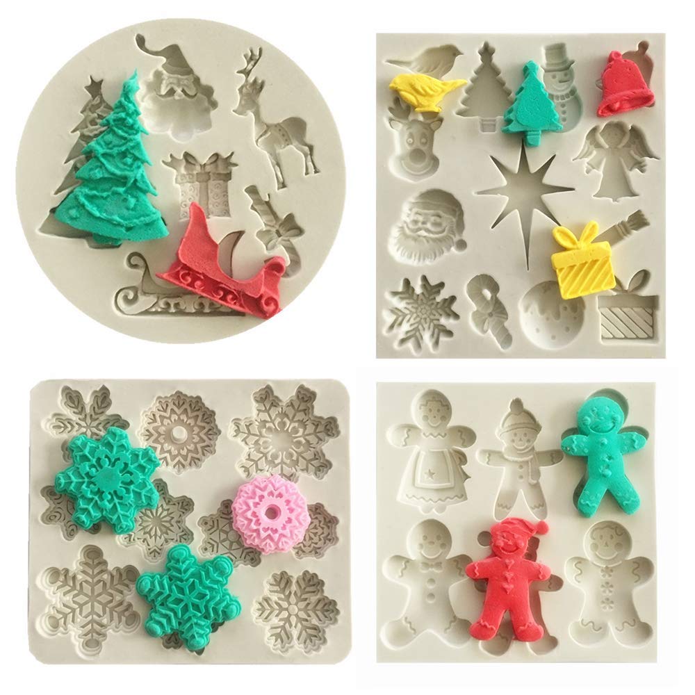 Set Of 4 Christmas Fondant Molds, Xmas Cake Cupcake Decoration Silicone Chocolate Candy Mold, Christmas Tree/Gingerbread Man/Rei