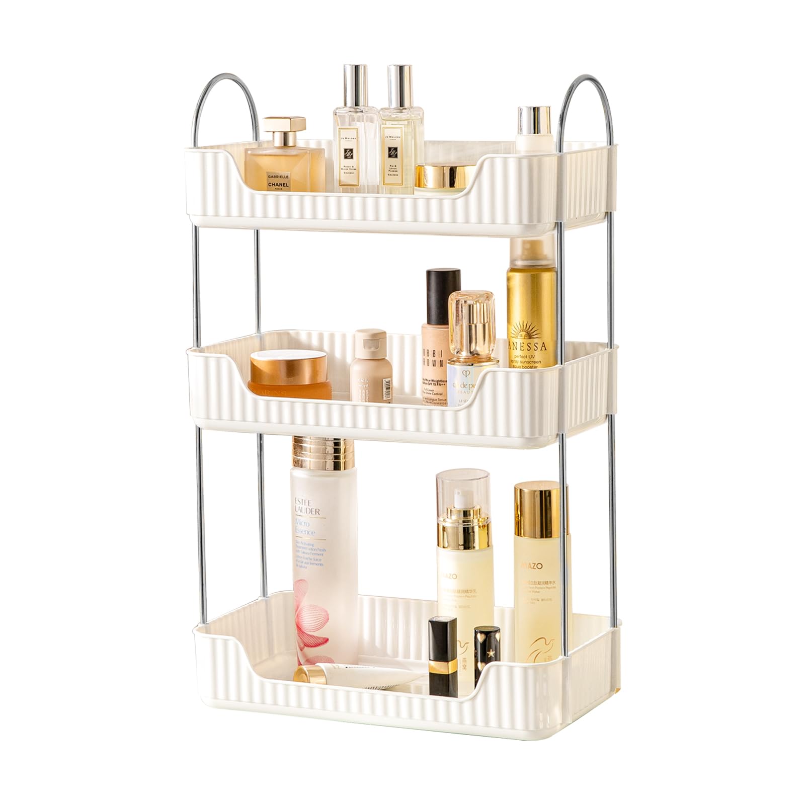 Shuang Qing Bathroom Counter Cosmetic Organizer, 3 Tier-Cream White, Alloy Steel & PET Plastic, Rectangular, Tiered, Perfect for