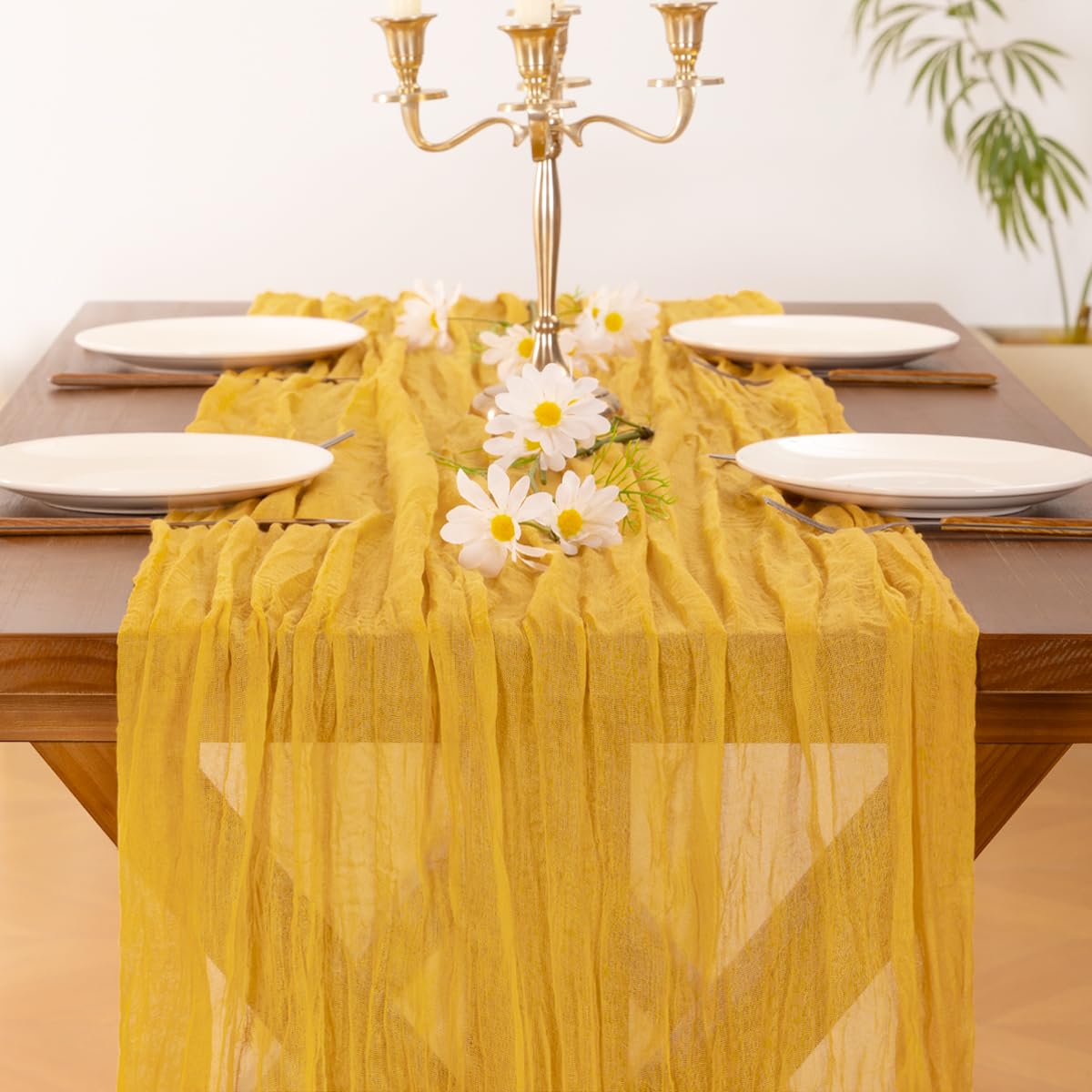Socomi Gold Yellow Table Runner Spring Easter Cheesecloth Table Runner 170 Inch Cheese Cloth Runner 14Ft Boho Rustic Gauze Table