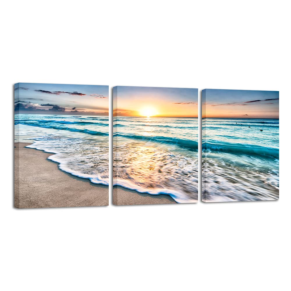 Wieco Art 3 Panel Blue Beach Canvas Wall Art For Home Decor Sunset White Wave Beach Pictures On Canvas Sea View Canvas Prints Ar