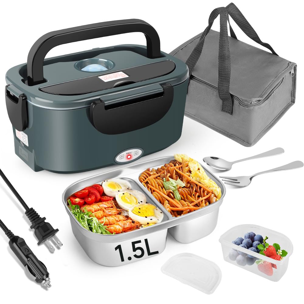 IXIIE Electric Lunch Box 80W, 1.5L Lunch Warmer with 2 Compartments for Truck/Car/Work, Fast Portable Heated Lunch Box Food Warm