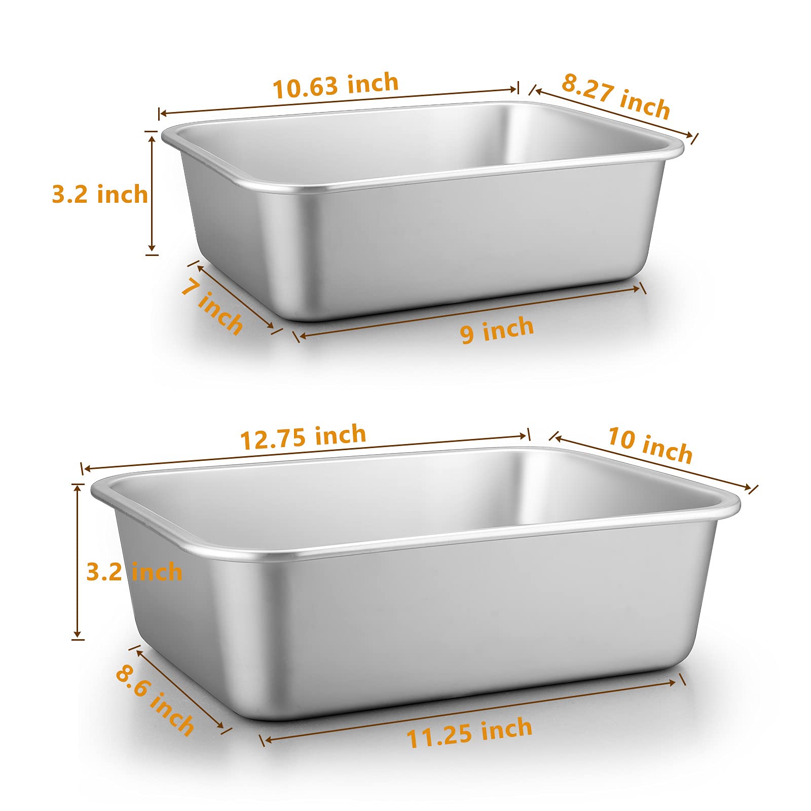 Deep Lasagna Pan Set Of 2, E-Far Stainless Steel Rectangular Roasting Baking Pans, 12.75 X 10 & 10.6X8.3 Inches Roaster Baking D