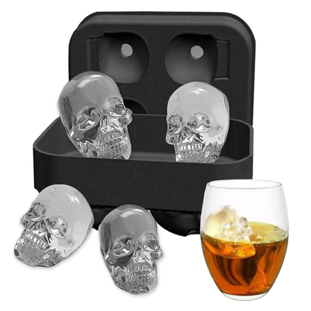 Ice Mold Skull 3D Flexible Silicone Ice Cube Molds Maker Tray, 4 Giant Skulls, Round Ice Cube Maker