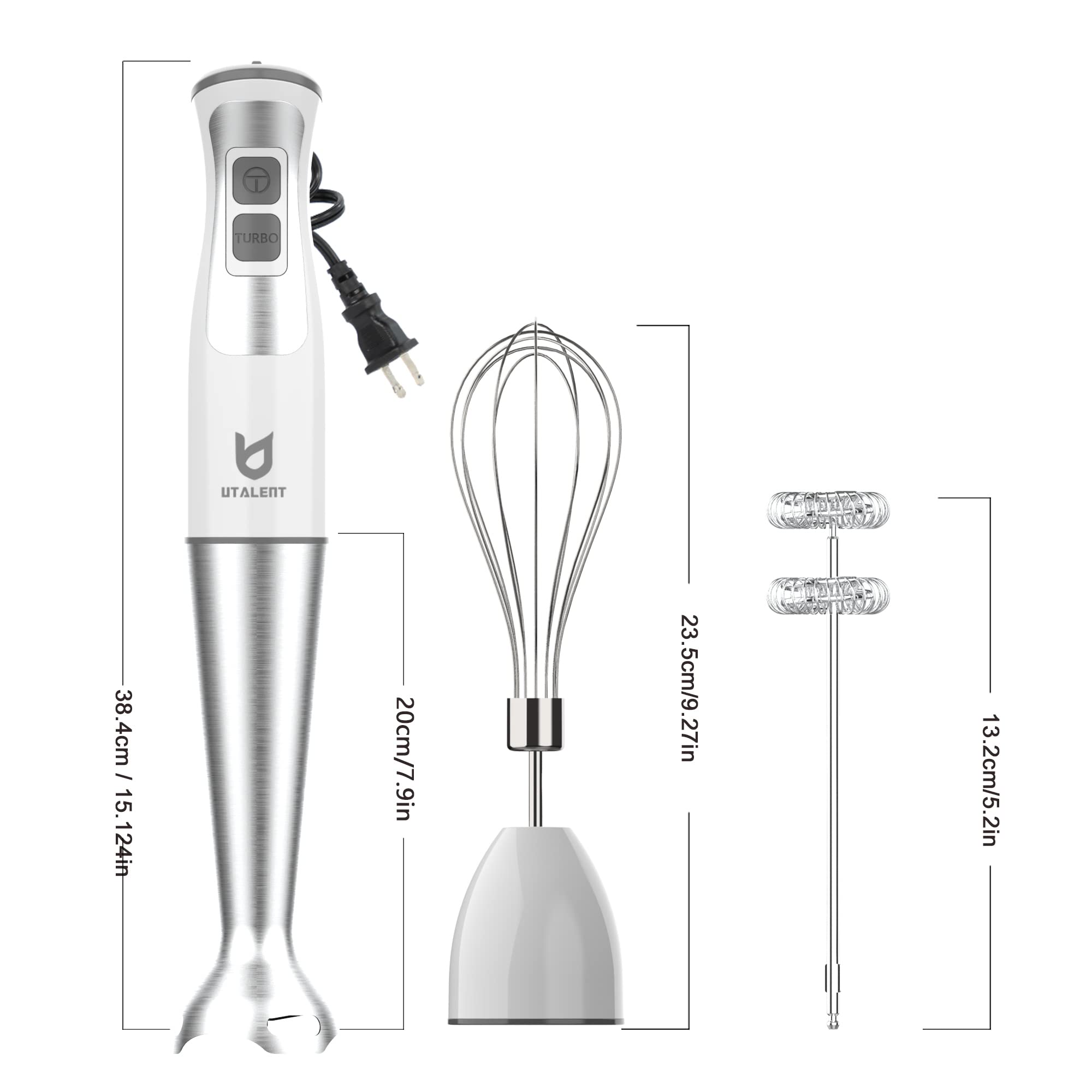 Immersion Hand Blender  UTALENT 3-in-1 8-Speed Stick Blender with Milk Frother  Egg Whisk for Smoothies  Coffee Milk Foam  Puree Baby Food  Sauces and Soups - White