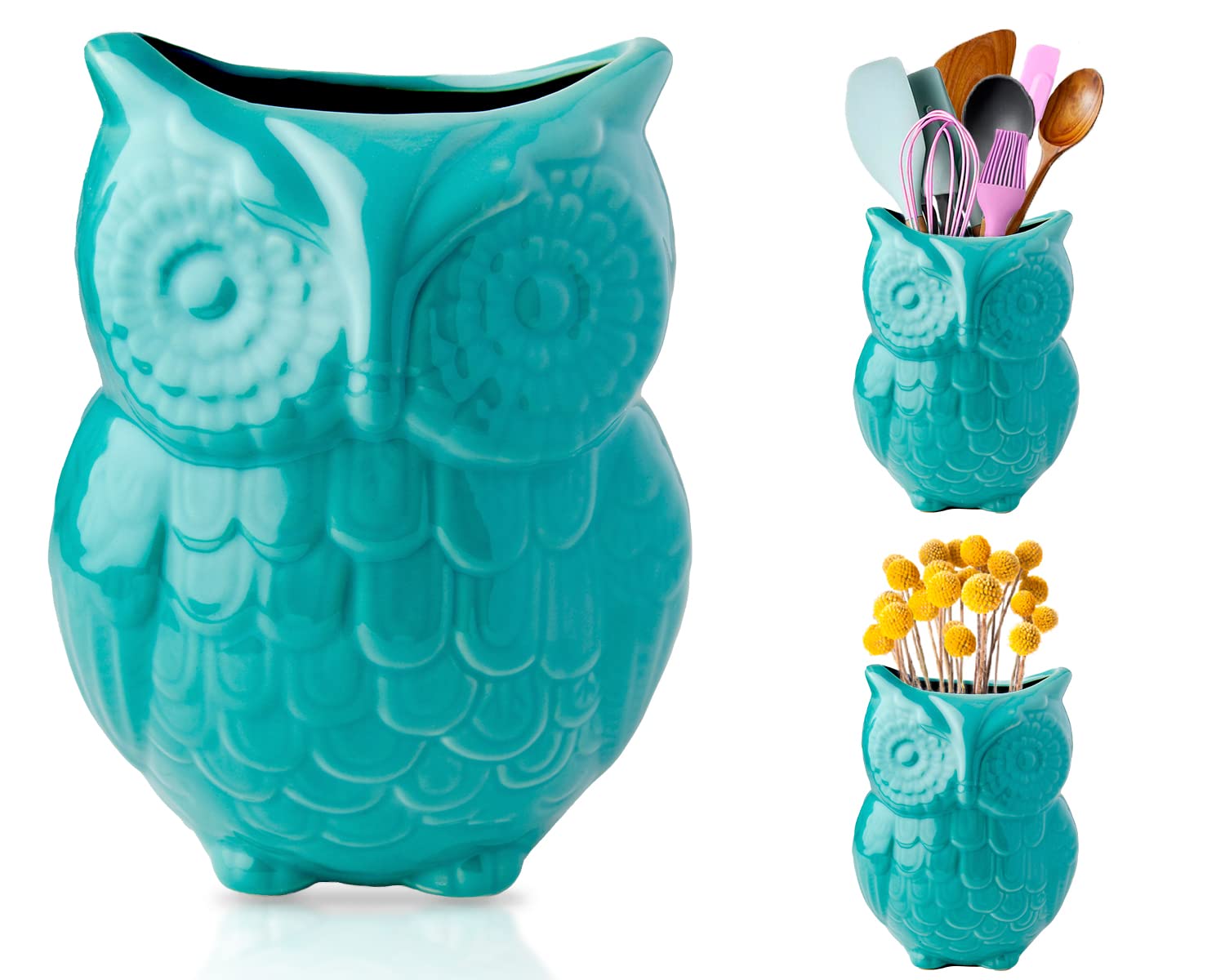 Owl Utensil Holder By Comfify - Decorative Ceramic Cookware Crock & Organizer, In Lovely Aqua Blue Color - Utensil Caddy And Per
