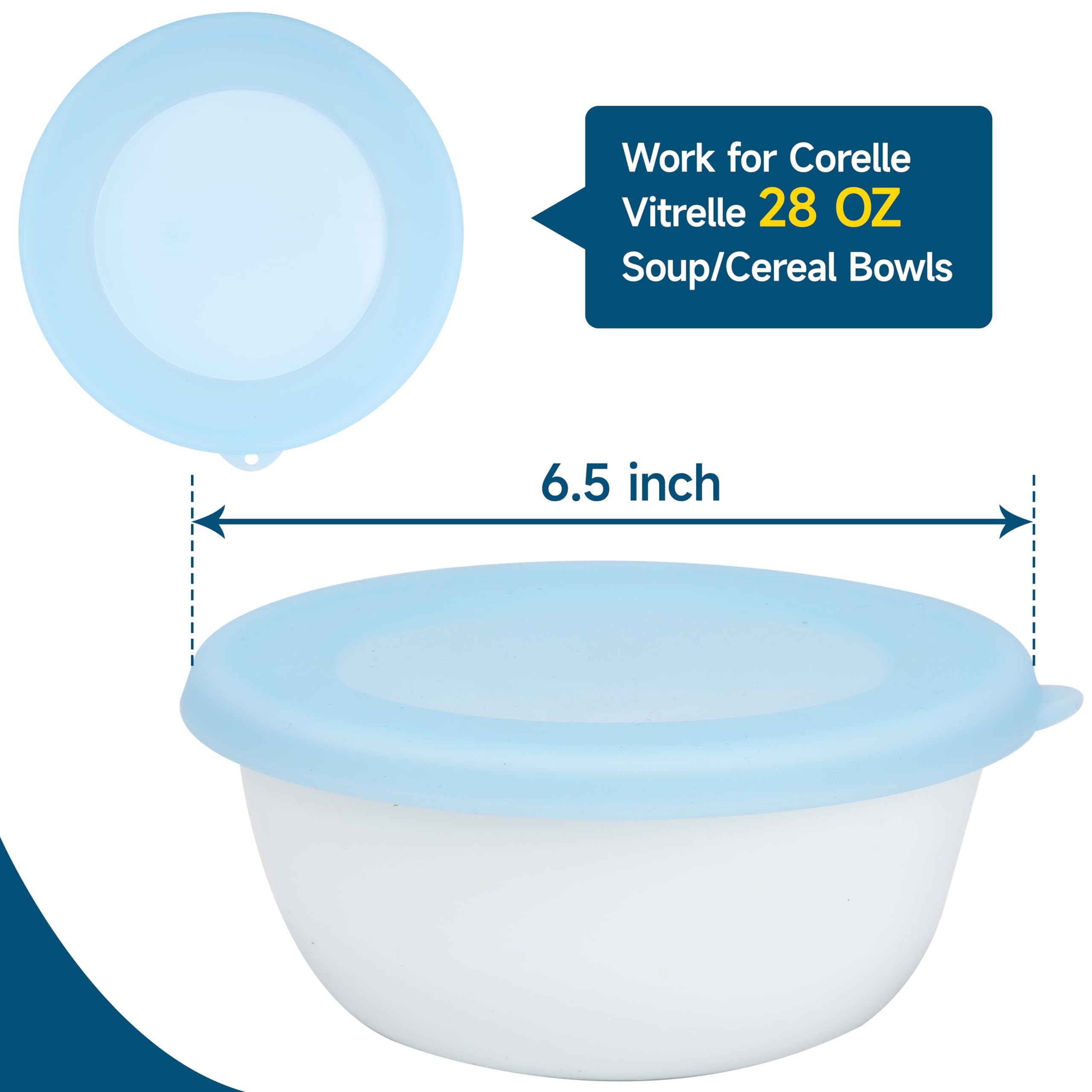 Kiicii 4 Pack Silicone Lids For Corelle Vitrelle 428-Pc 28-Oz Soup/Cereal Bowls, Freezer & Microwave & Dishwasher Safe (Bowl Not