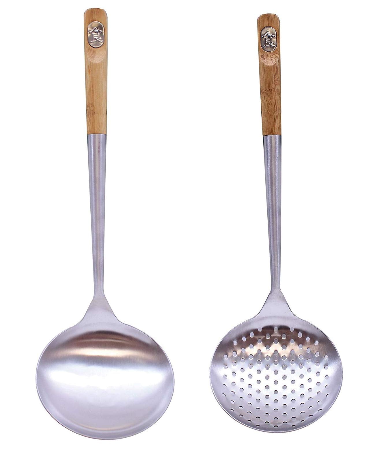 Tablecraft 32410 Wok Spoon With Bamboo Handle, 16'', Brown And Tablecraft 32409 Wok Skimmer With Bamboo Handle, 15'', Brown - Wo