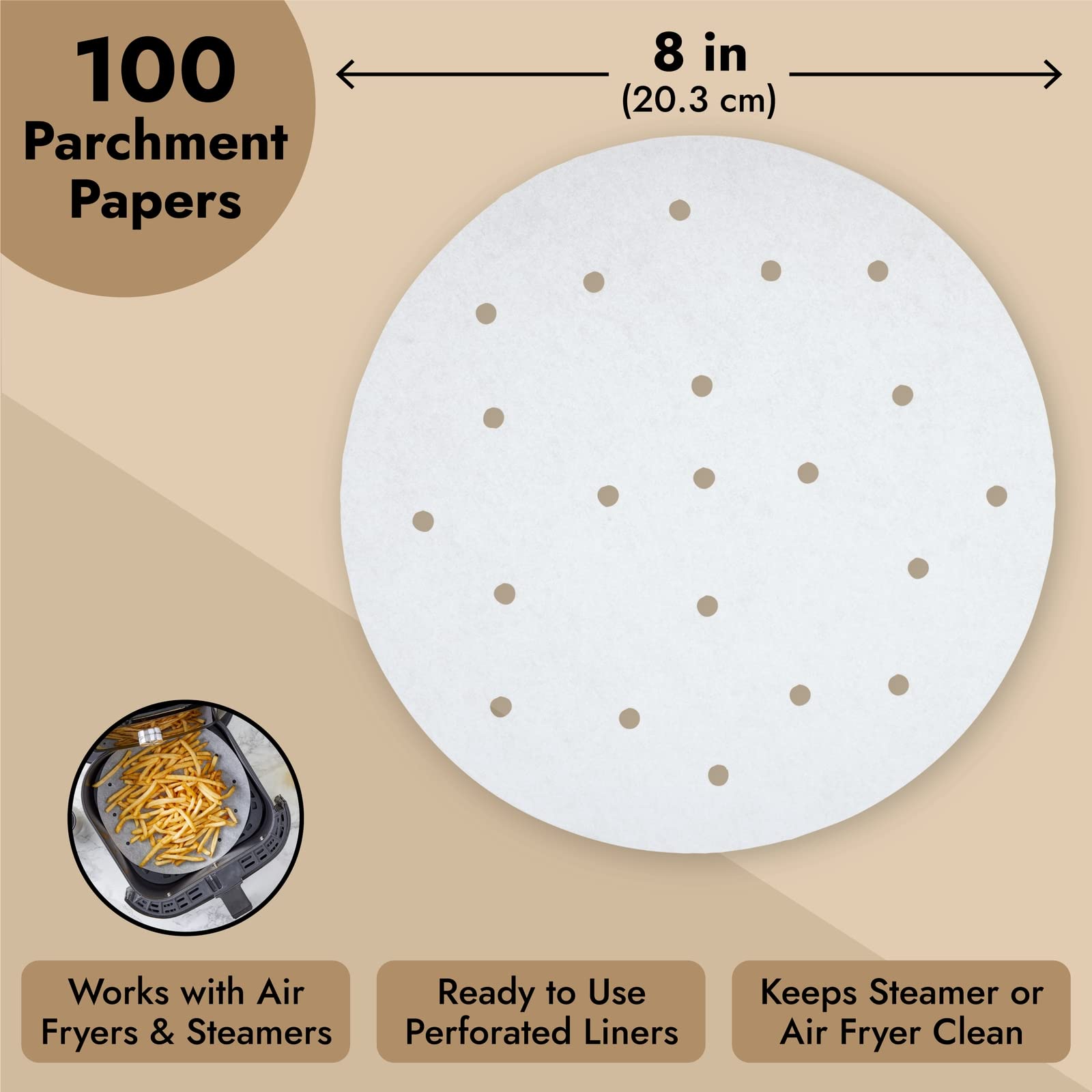 Juvale Round Air Fryer Liners With Holes - 8-Inch Parchment Paper Disposable, Dumpling Paper - Perforated Bamboo Steamer Liner S