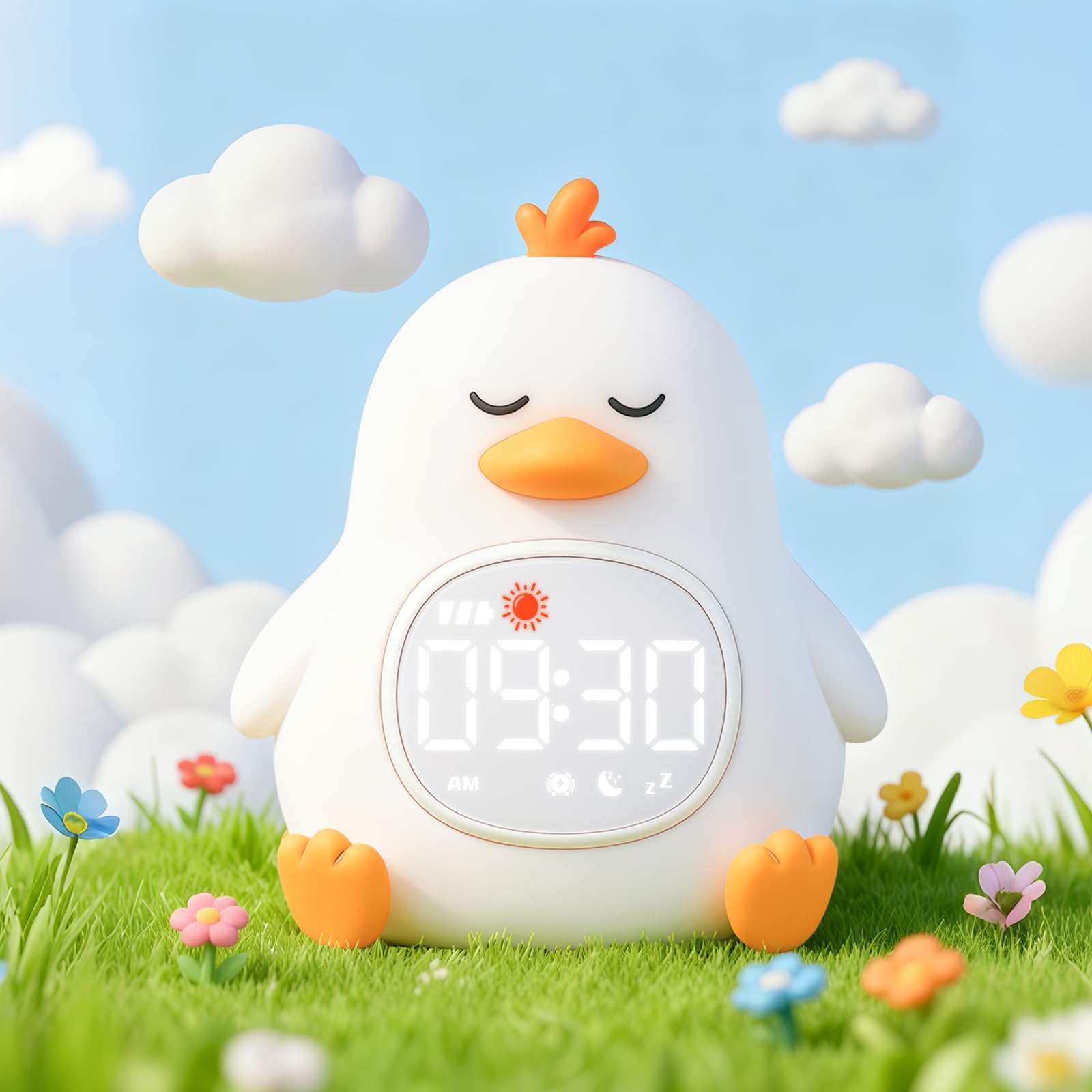 Sleepy Duck Alarm Clock with Night Light for Kids with Sleep Training and Sound Machine, Rechargeable Silicone Lamp OK to Wake C