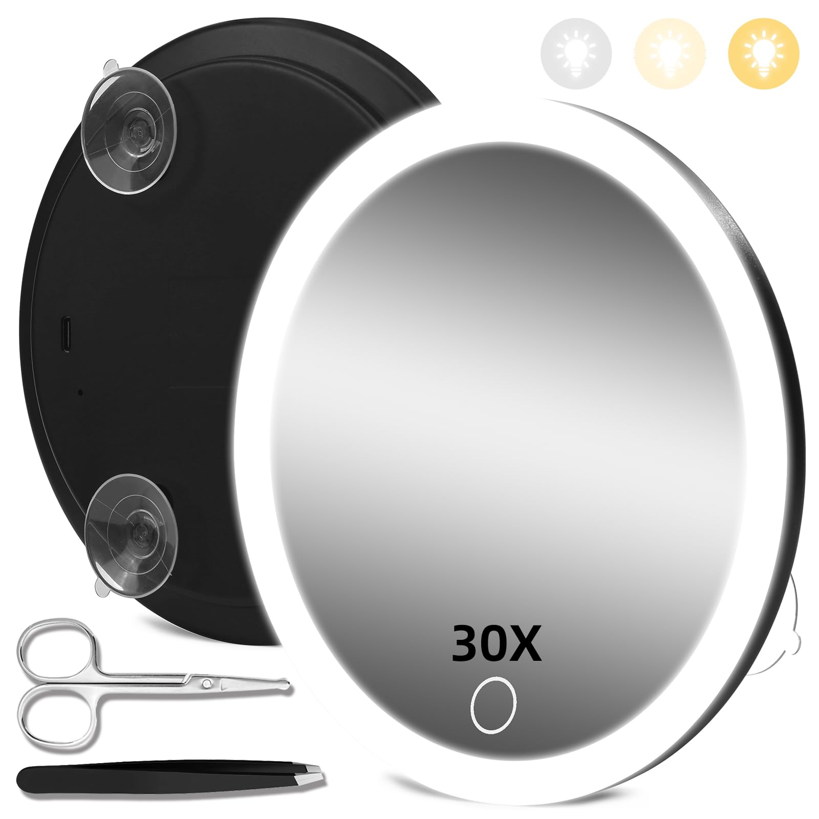30X Magnifying Mirror With Light, 30X Magnifying Mirror With 3 Suction Cups, 3 Color Dimmable Lighted Makeup Magnifying Mirror,