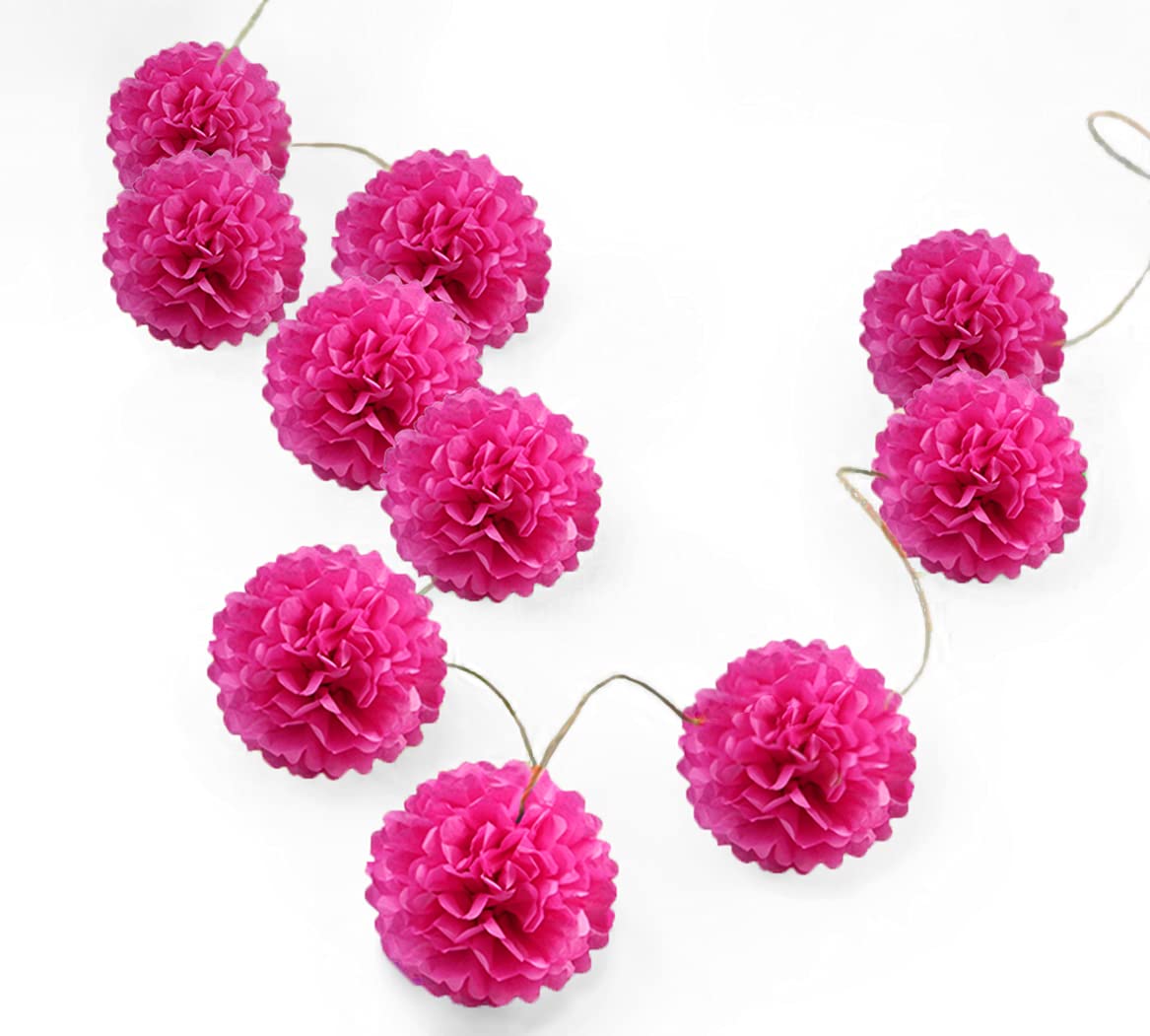 Pack Of 10 Tissue Paper Flower Ball Pom Pom Party Decoration Indoor Outdoor 6'' 8'' 10'' 12'' 14'' (Hot Pink, 12'')