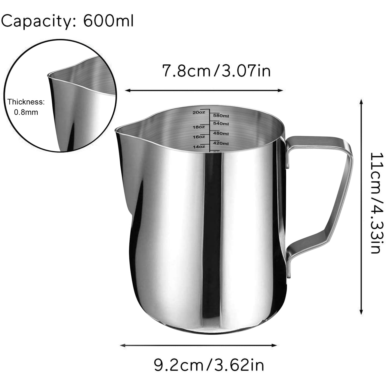 Stainless Steel Milk Frothing Pitcher Cappuccino Pitcher Pouring Jug Espresso Cup Creamer Cup For Latte Art, 20 Ounce (600 Ml)
