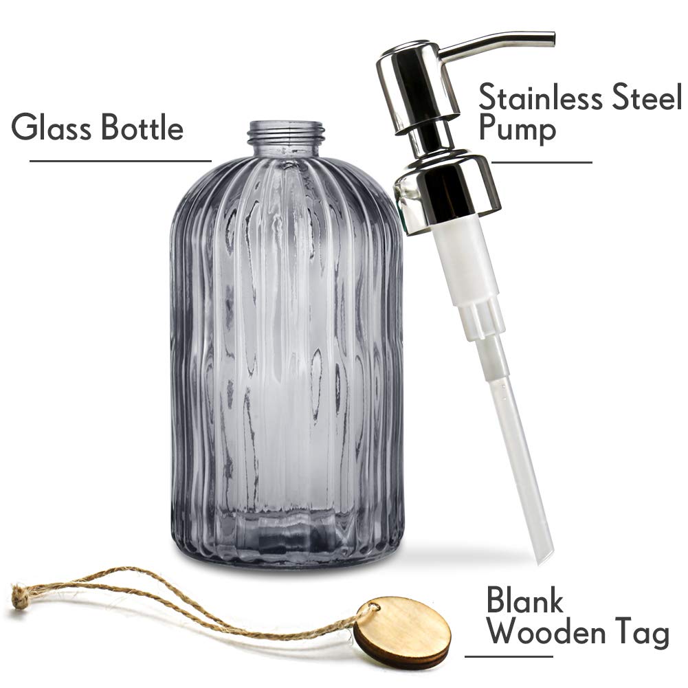 JASAI 18 Oz Vertical Stripes Kitchen Soap Dispenser with 304 Rust Proof Stainless Steel Pump  Refillable Liquid Soap Dispenser for Bathroom  Kitchen  Hand Soap  Dish Soap (Clear Grey)