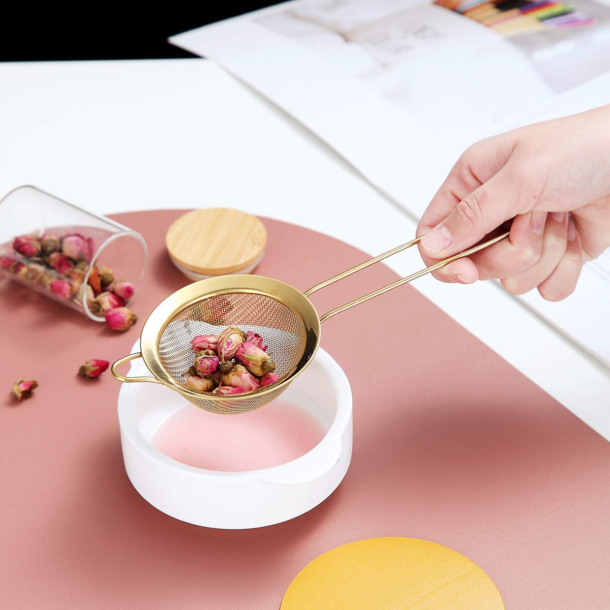 Kyraton Gold Fine Mesh Strainer 3 Pieces Set, Golden Flour Sifter For Baking, Stainless Steel Clander, Matcha Tea Strainer, Grav