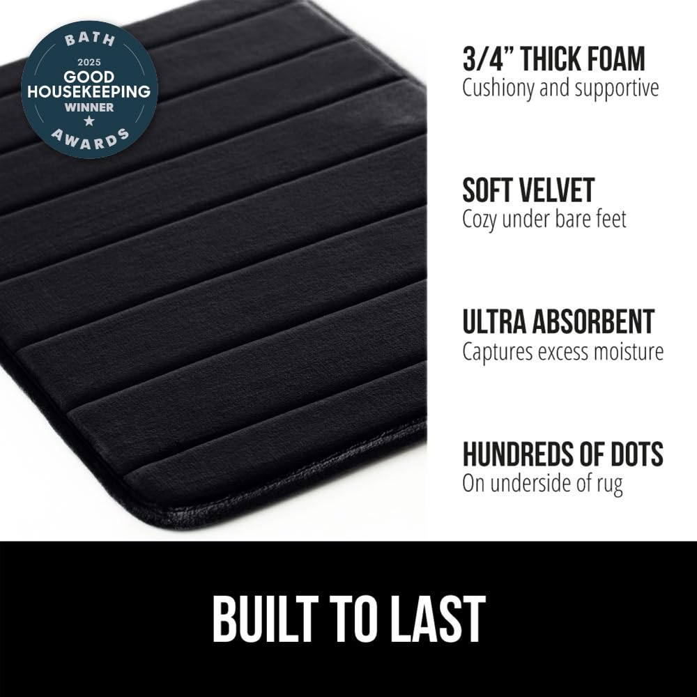 Gorilla Grip Memory Foam Bath Rug  Thick Soft Striped Bathroom Mat  Absorbent Decorative Mats  Machine Washable  Durable Backing  Luxurious Comfortable Rugs for Shower and Tub Floor  24x17  Black