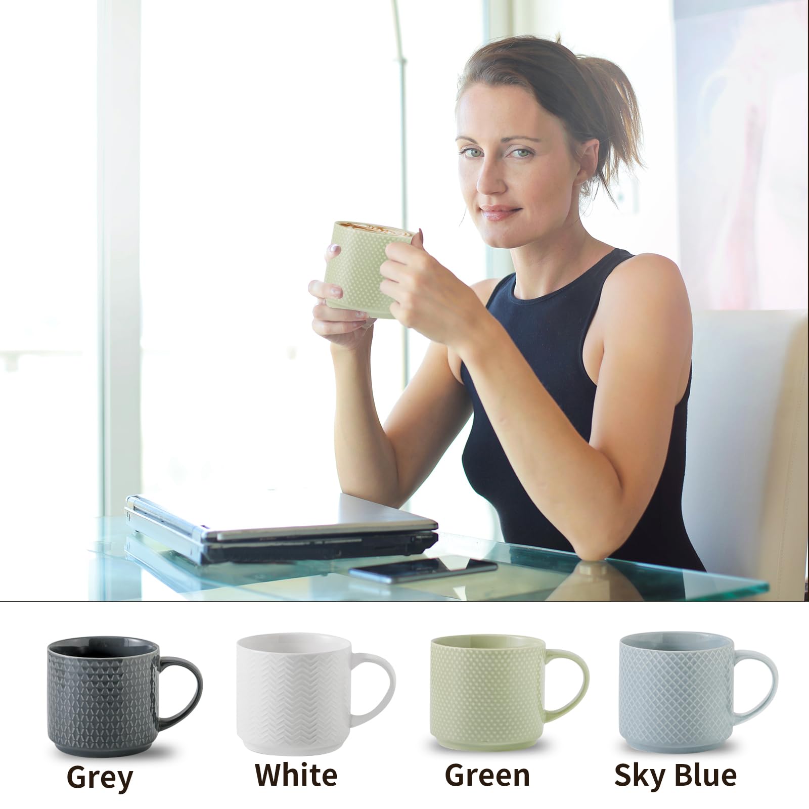 Hasense Coffee Mugs, Stackable Porcelain Coffee Cups Gift Set Of 4 With Metal Stand, 15 Ounce Embossed Cappuccino Cups For Latte