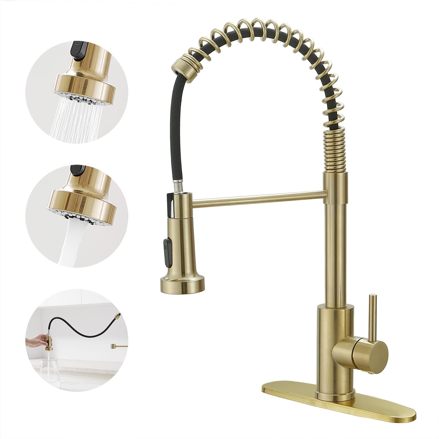 Voton Kitchen Faucets With Pull Out Sprayer Commercial Spring Kitchen Sink Faucet Brushed Gold Single Handle Kitchen Faucets Wit