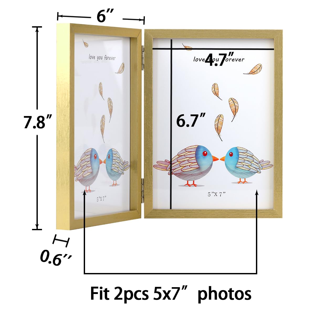 WUTL 5x7 Picture Frames Double Hinged MDF Golden with Glass Front Stand Vertical on Tabletop